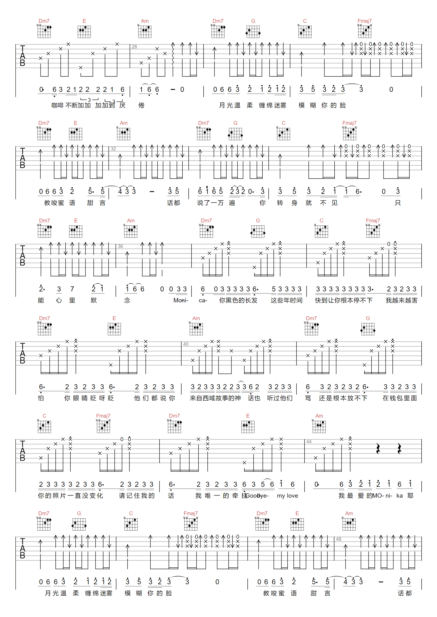 再见莫妮卡吉他谱_彭席彦-Franky弗兰奇_C调和弦版