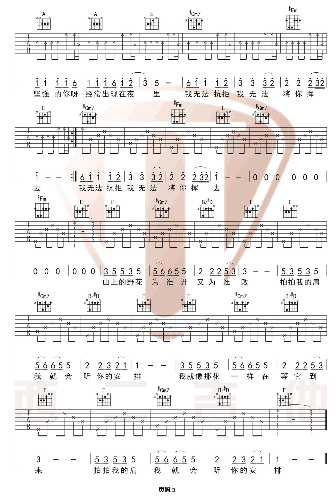 野花吉他谱_康树龙_E调和弦版