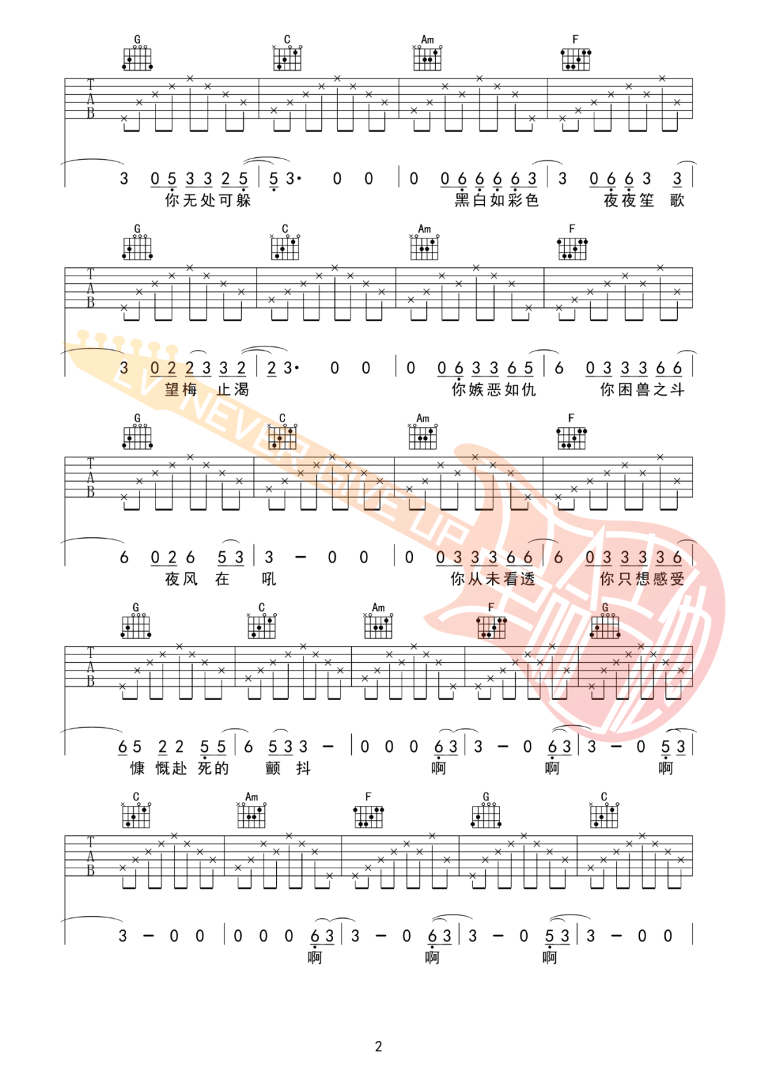 焰火青年吉他谱_华北浪革_C调演奏指法-图片1