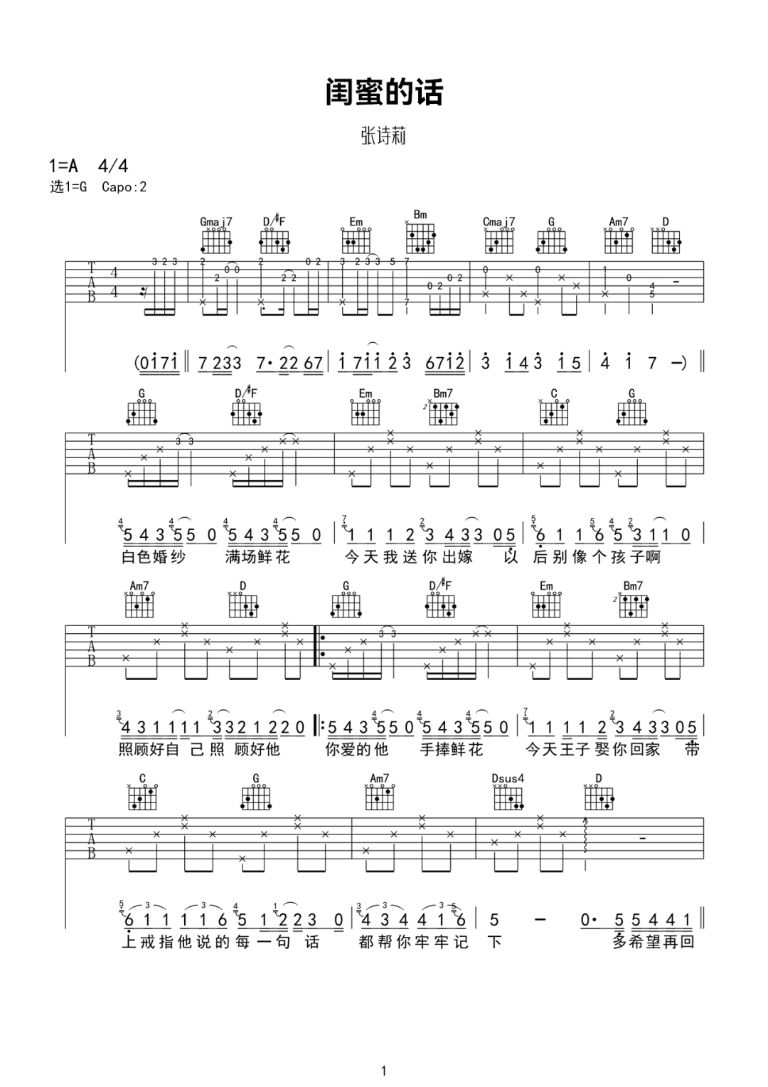 闺蜜的话吉他谱1-张诗莉