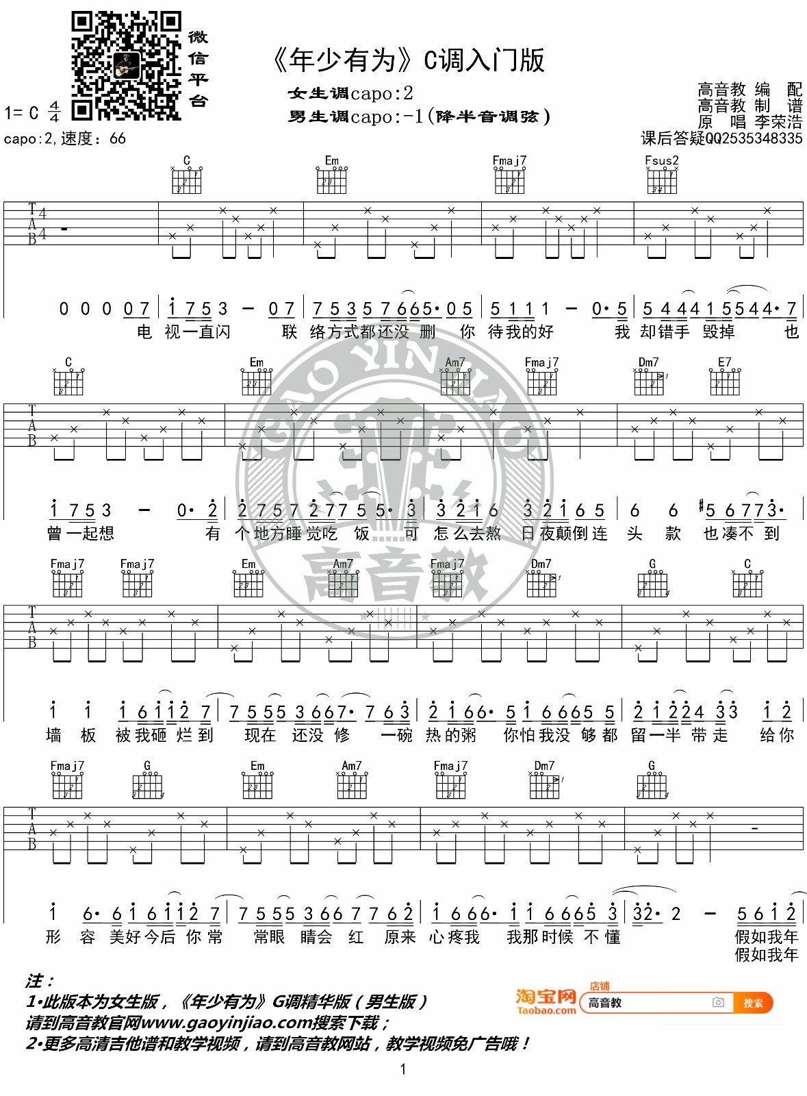 年少有为吉他谱_李荣浩_C调调弦指法简单版-图片1