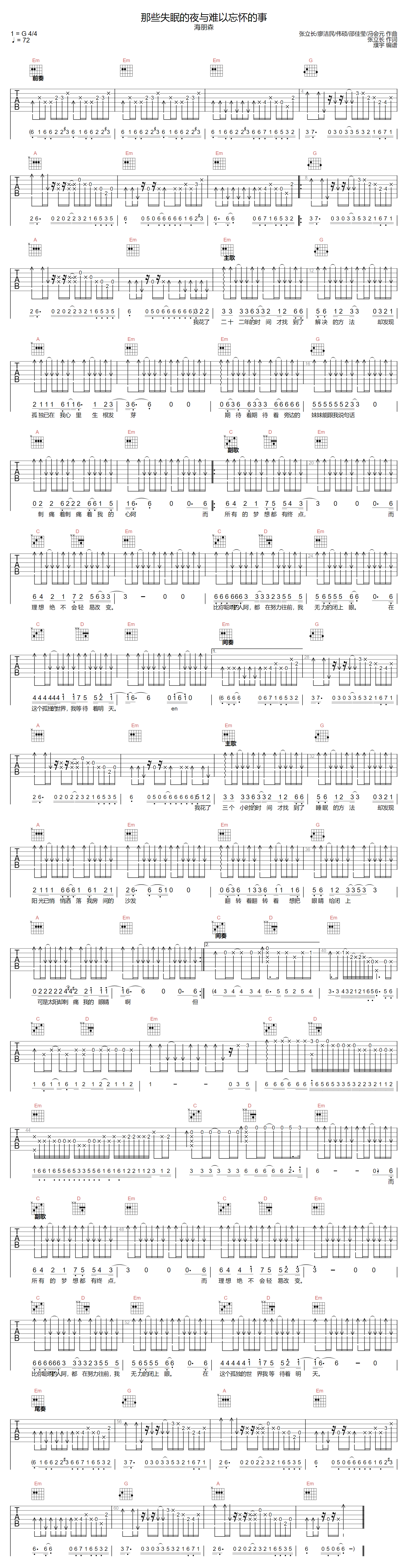 那些失眠的夜与难以忘怀的事吉他谱_海朋森_G调和弦版