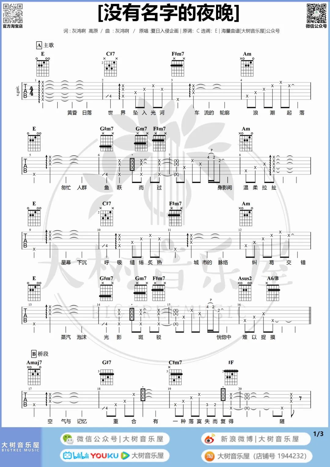 没有名字的夜晚吉他谱_夏日入侵企画_C调单音版 弹唱教学视频-图片1