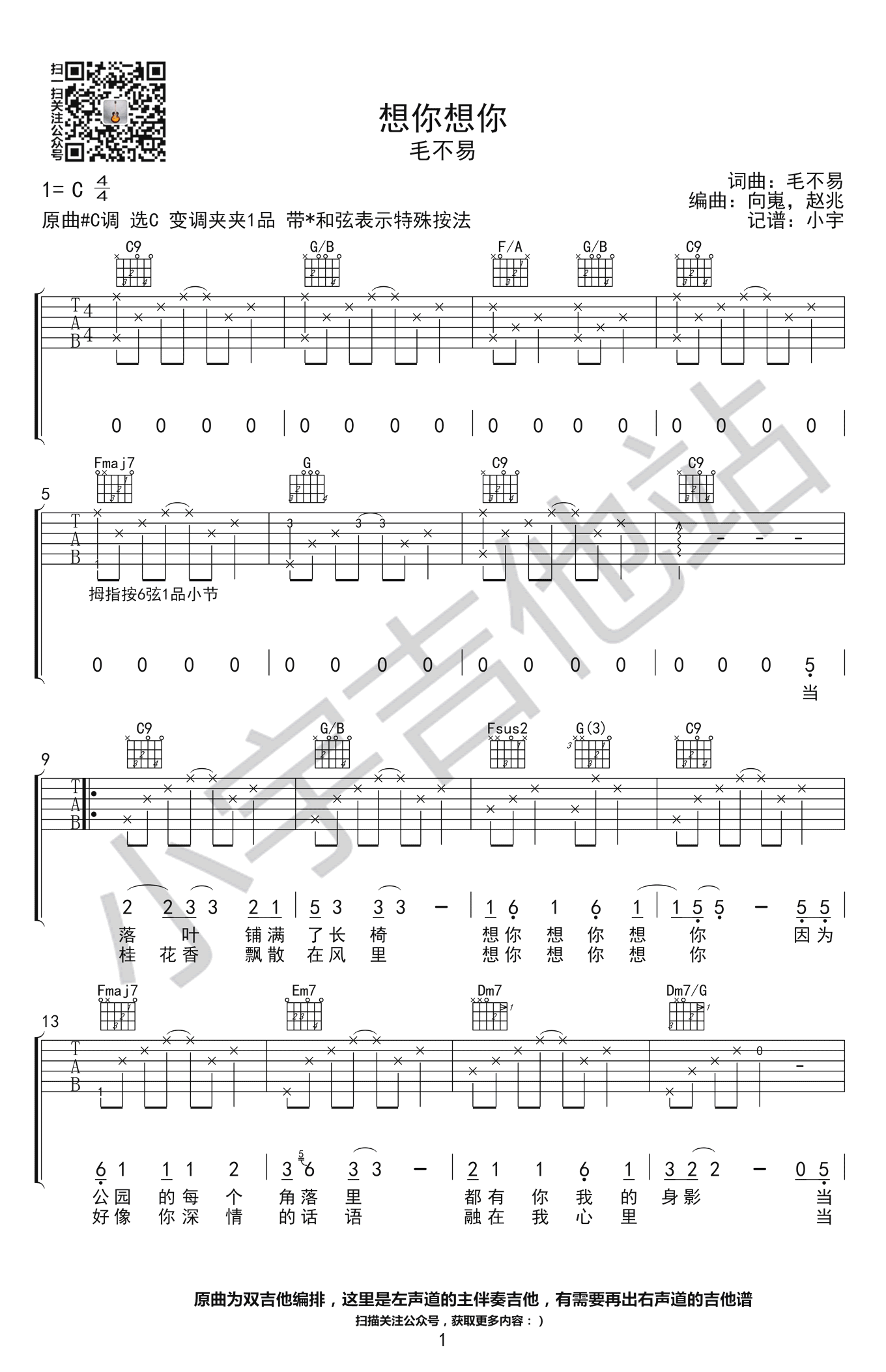 想你想你吉他谱_毛不易_C调双音指法-图片1