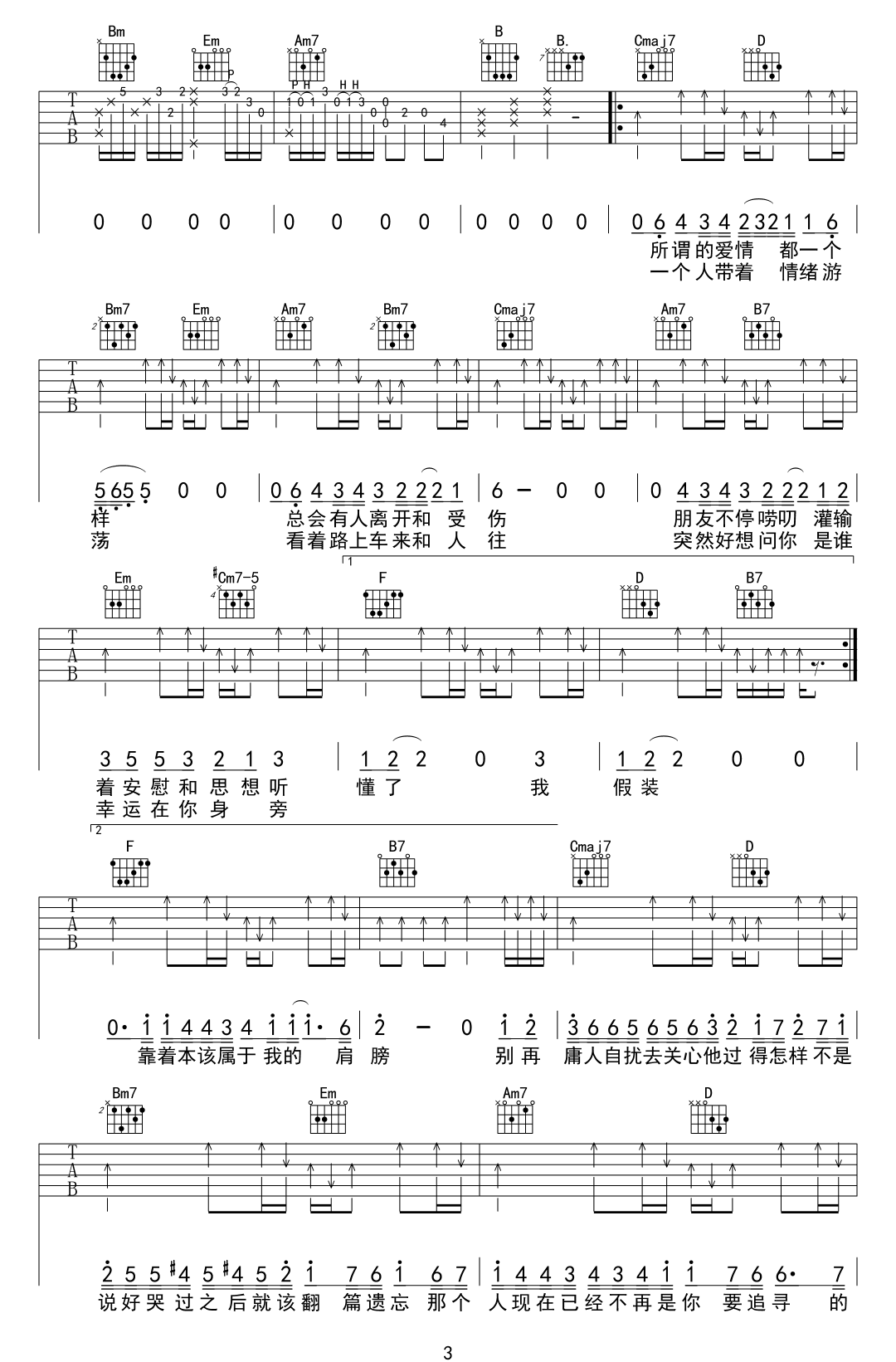 庸人自扰吉他谱_王理文_G调单音指法原版-图片1