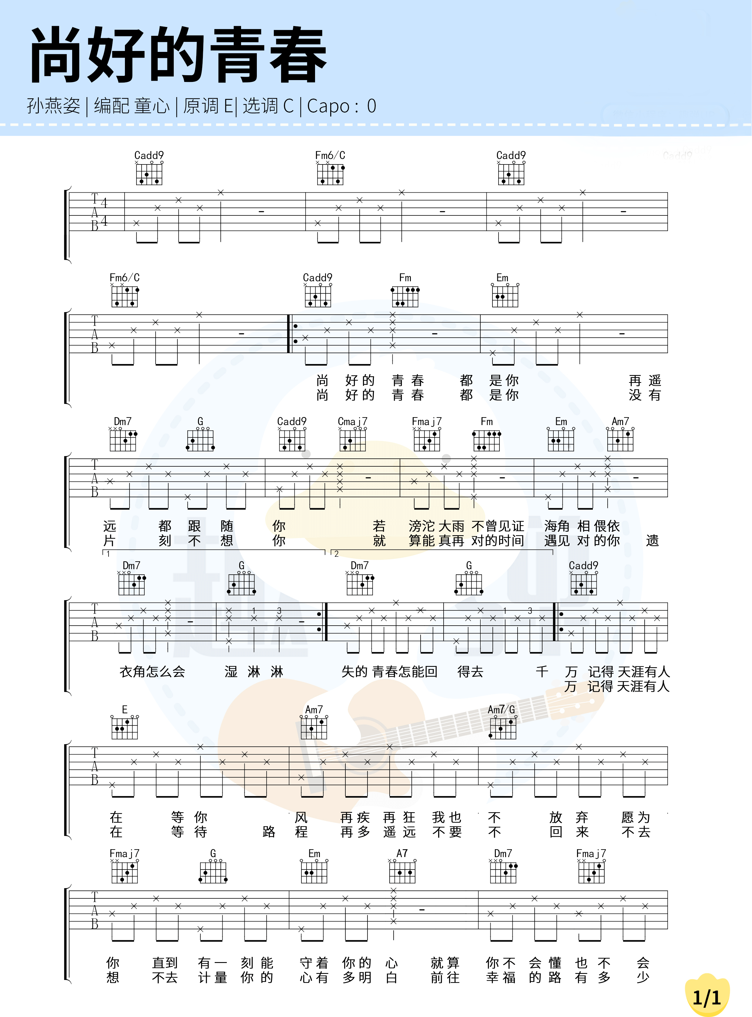 尚好的青春吉他谱_孙燕姿_C调调弦简单版吉他谱-图片1
