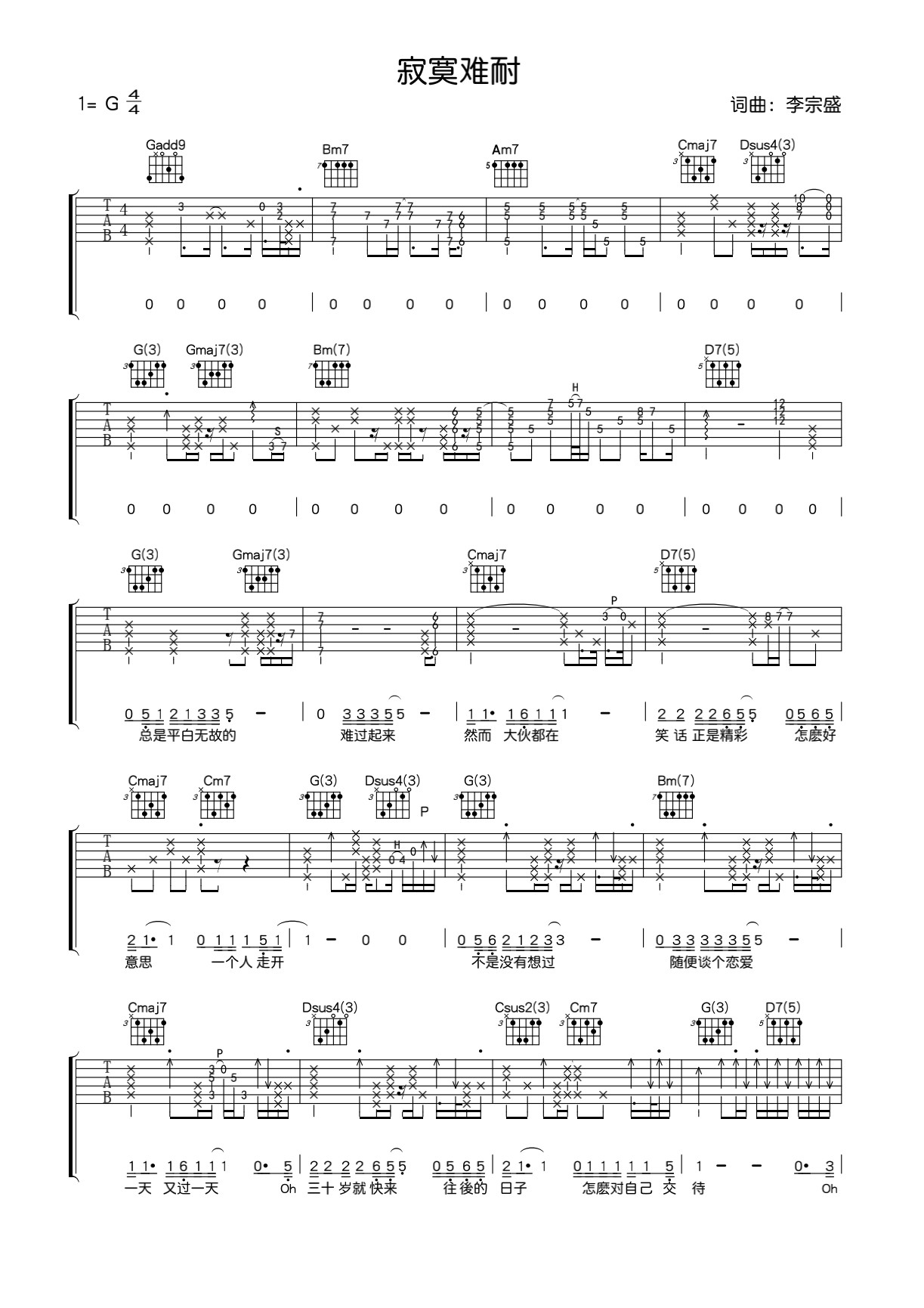 寂寞难耐吉他谱_李宗盛_G调演奏指法原版-图片1