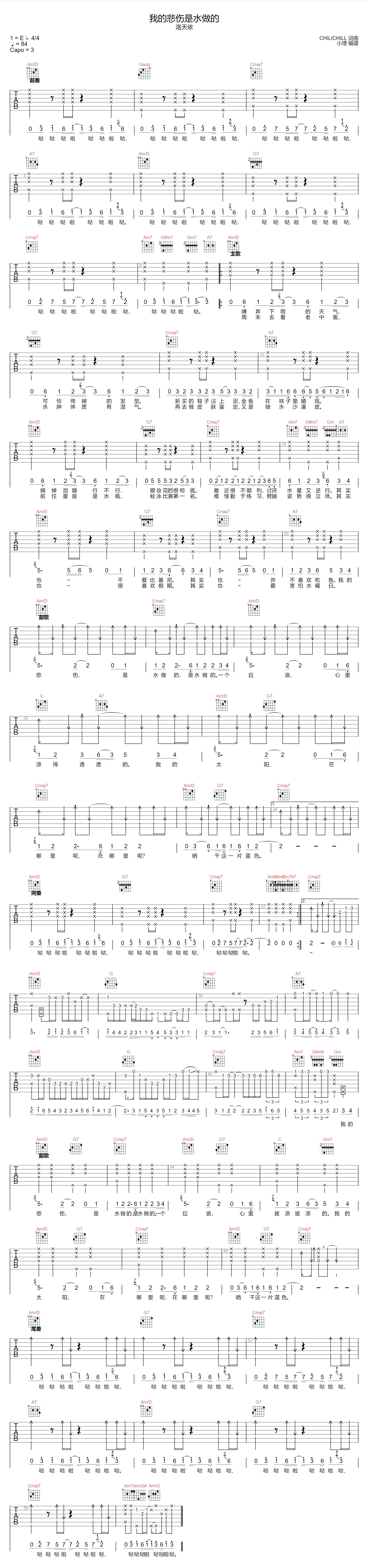 我的悲伤是水做的吉他谱-洛天依