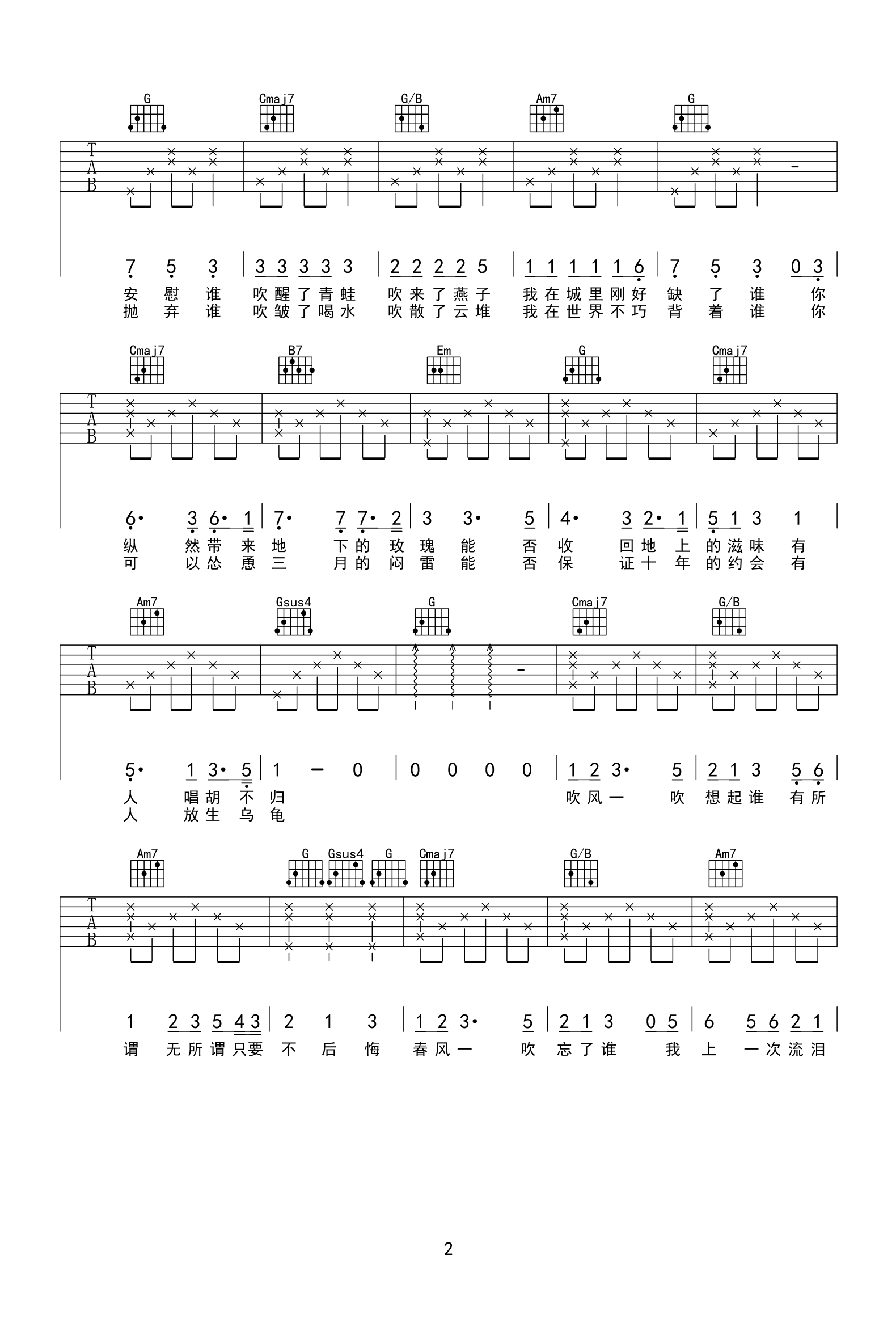 春风吹吉他谱_方大同_G调和弦指法原版-图片1