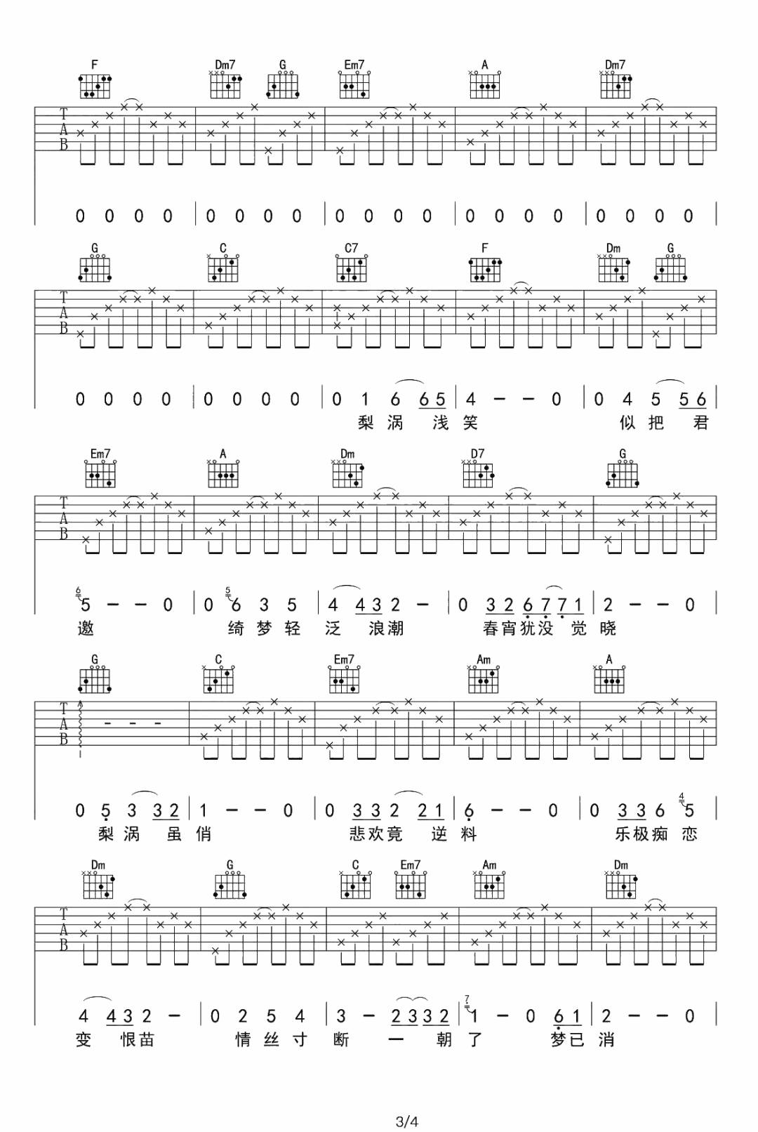 梨涡浅笑吉他谱_许冠杰_C调调弦指法-图片1
