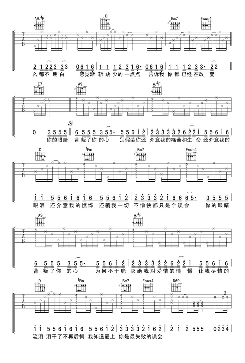 你的眼睛背叛了你的心吉他谱_郑中基_A调和弦版