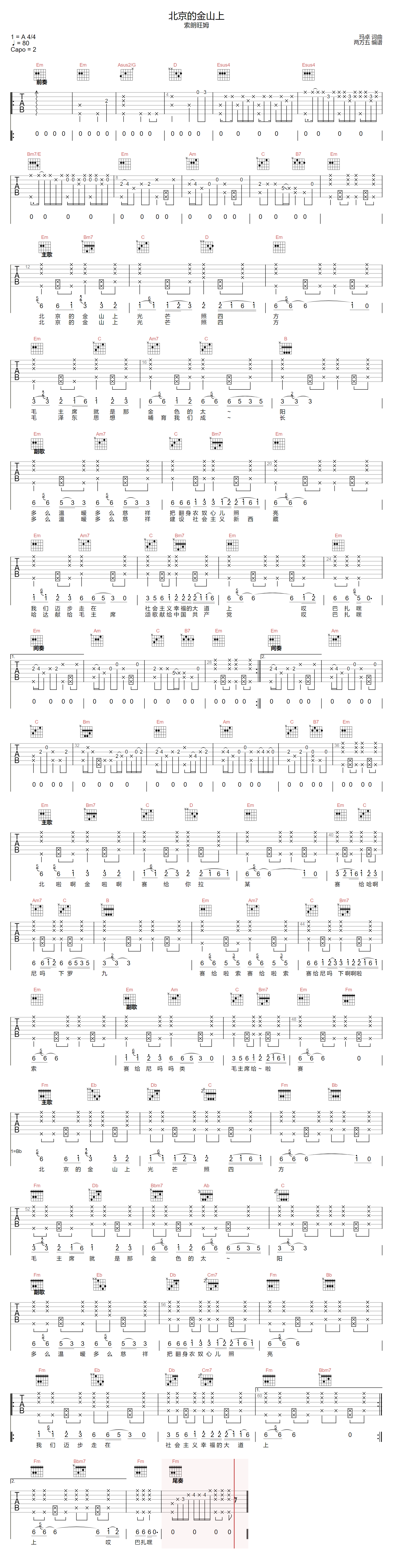 北京的金山上吉他谱-索朗旺姆