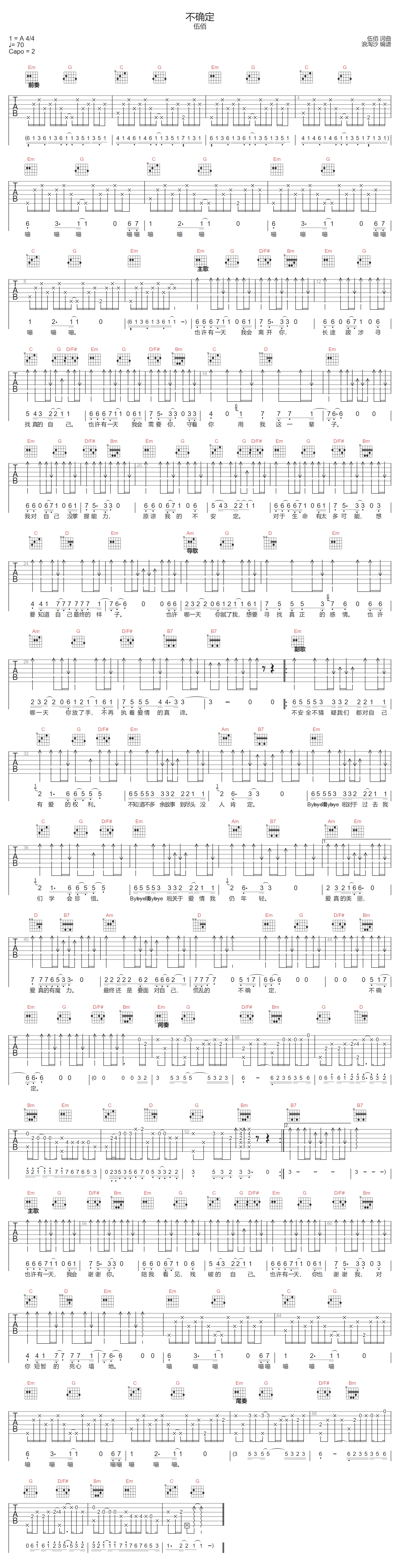 不确定吉他谱-伍佰