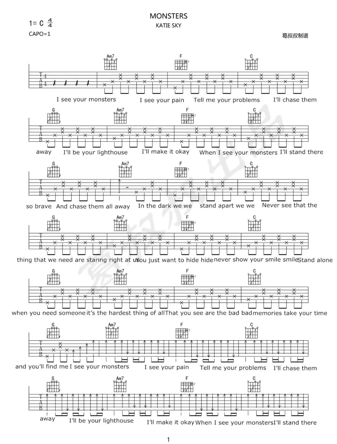 Monsters吉他谱_Katie Sky_C调和弦简单版-图片1