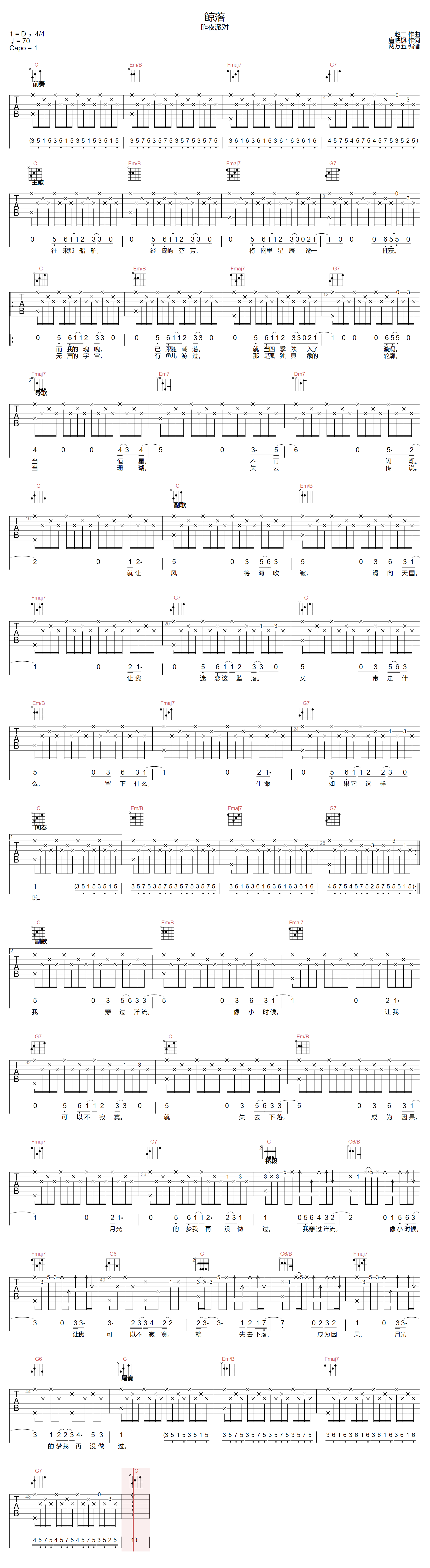 鲸落吉他谱-昨夜派对