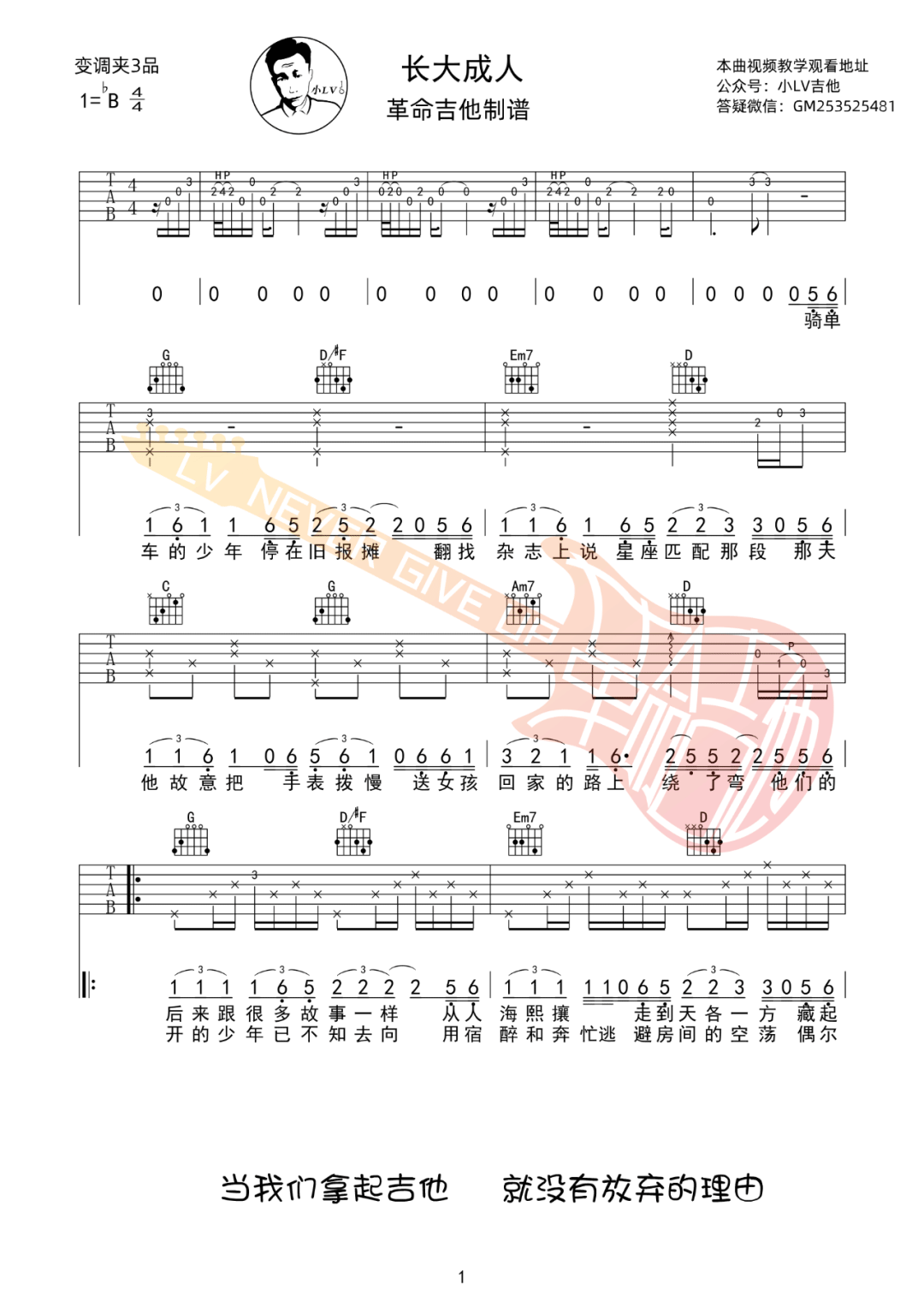 长大成人吉他谱_范茹_G调扫弦版 弹唱教学视频-图片1