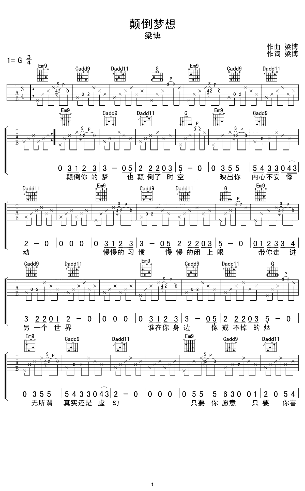颠倒梦想吉他谱_梁博_G调演奏指法原版-图片1