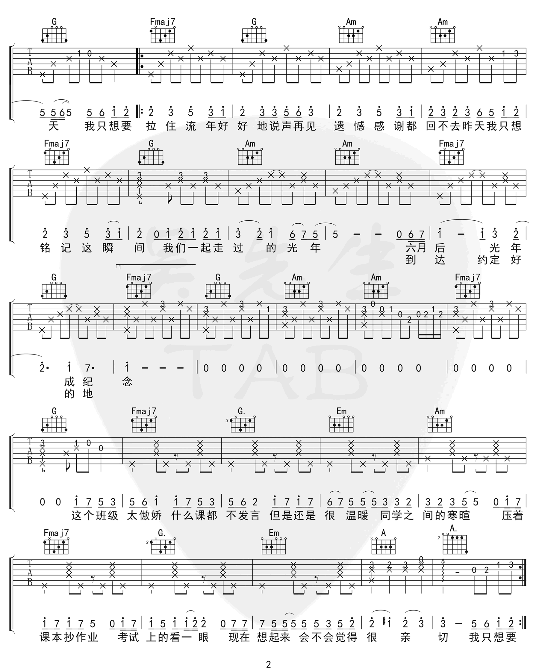 记念吉他谱_雷雨心_C调调弦指法原版-图片1