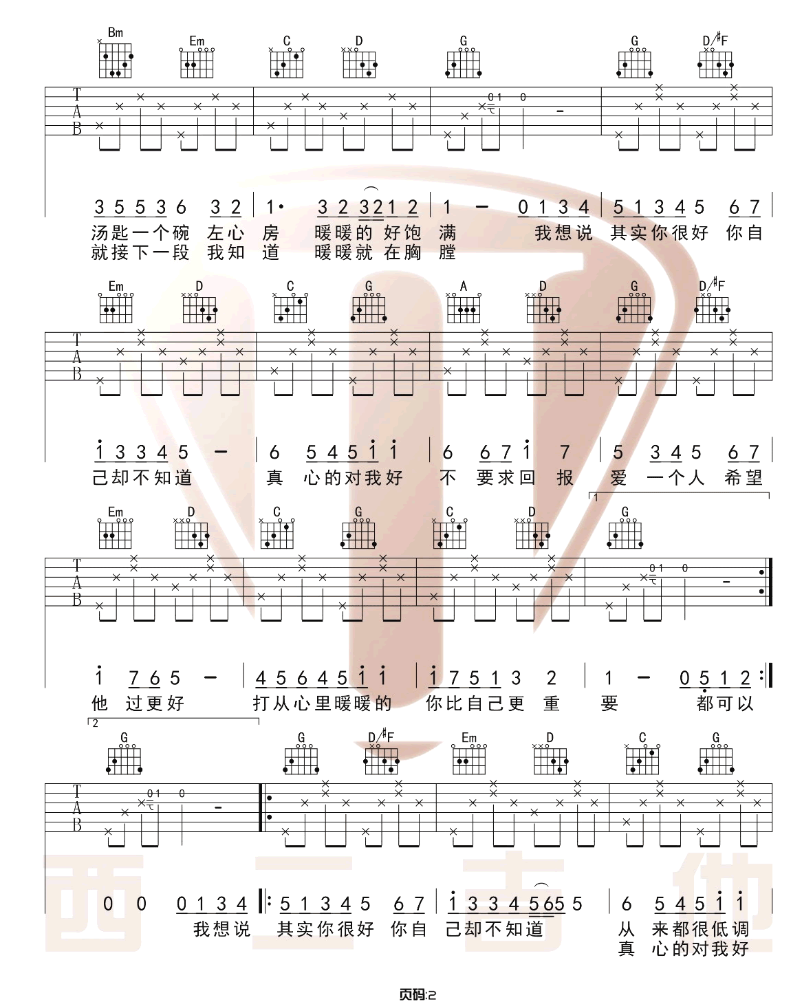 暖暖吉他谱_梁静茹_G调双音版 弹唱教学视频_1-图片1