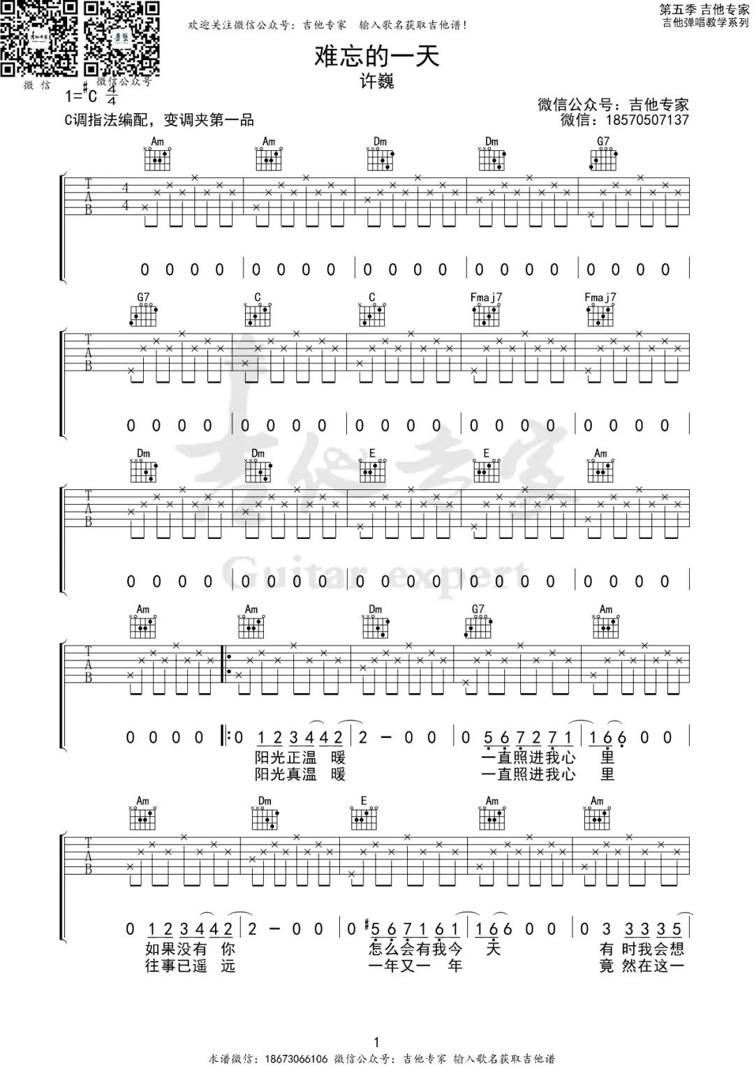难忘的一天吉他谱_许巍_C调调弦指法-图片1