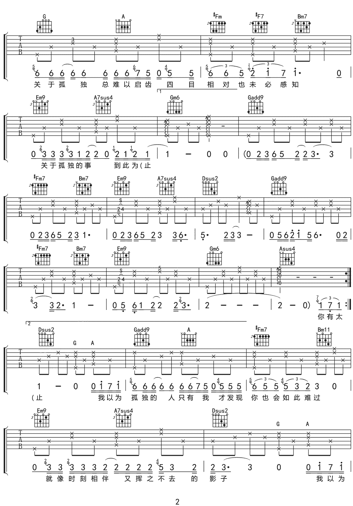 事关孤独吉他谱_马良_D调和弦指法原版-图片1