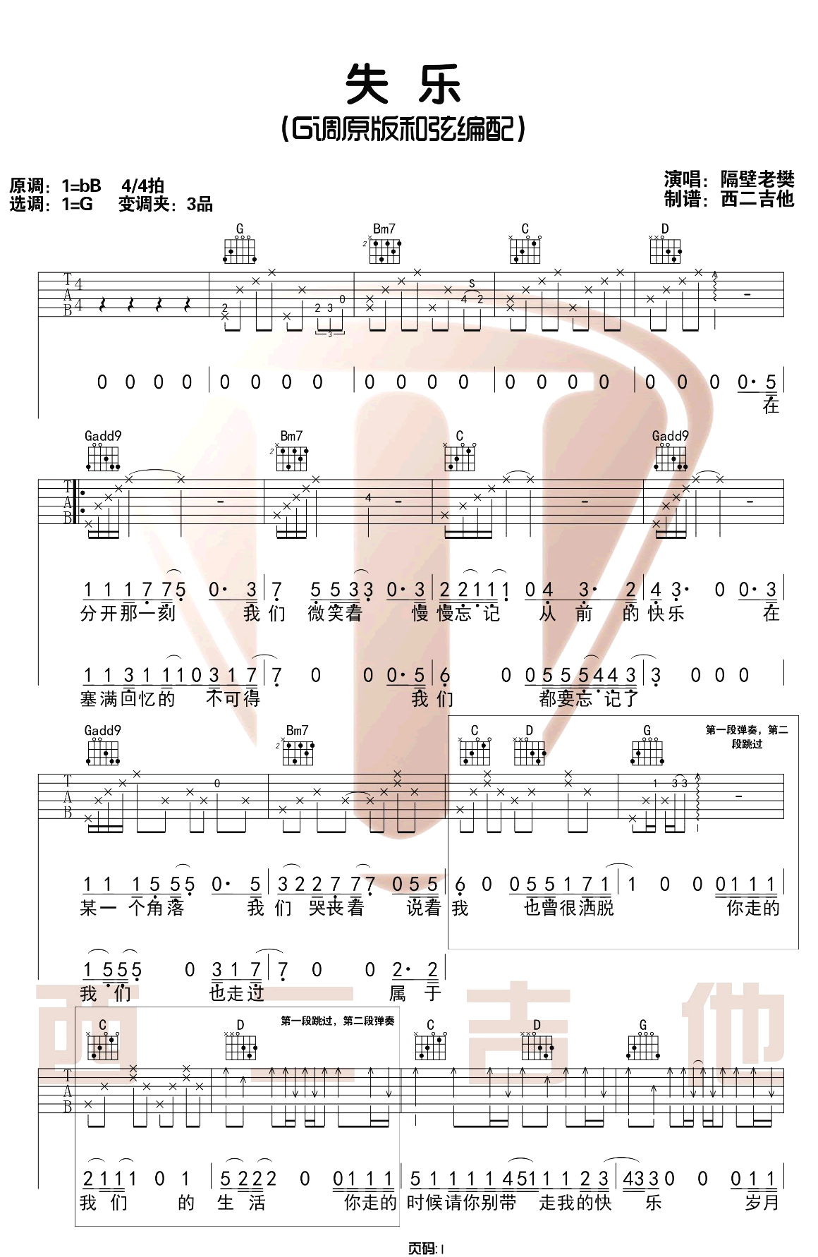 失乐吉他谱1-隔壁老樊