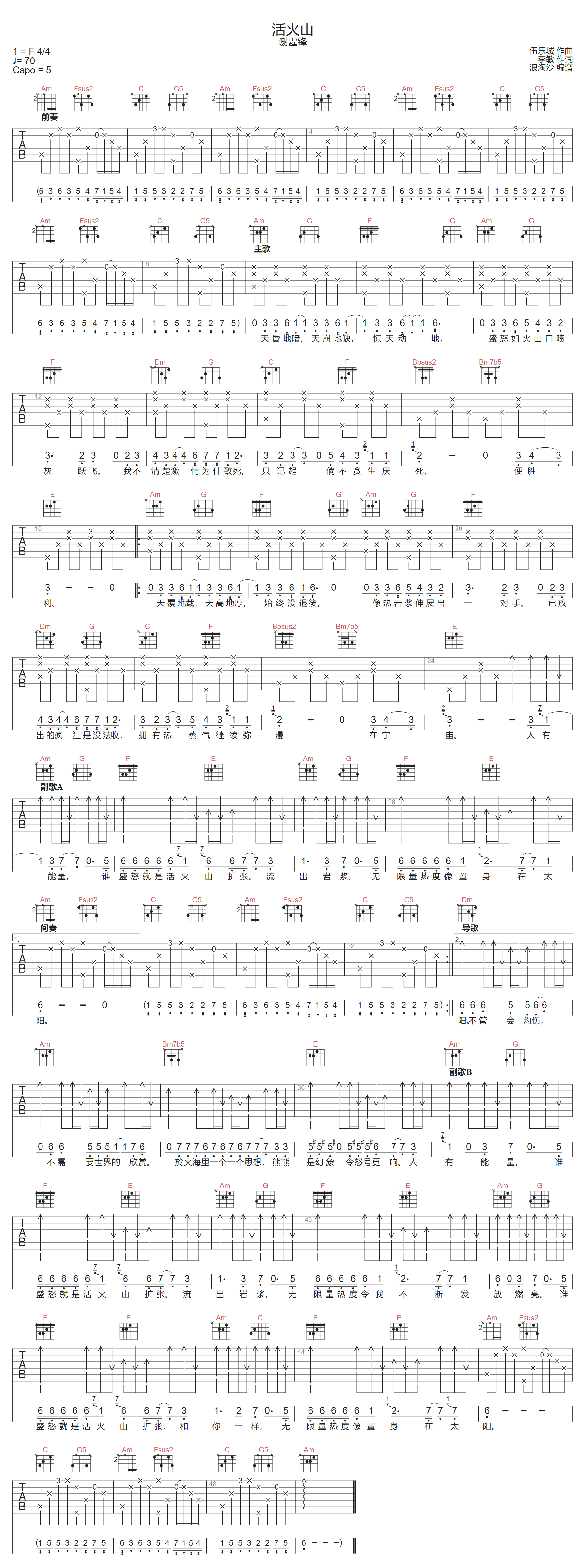 活火山吉他谱-谢霆锋