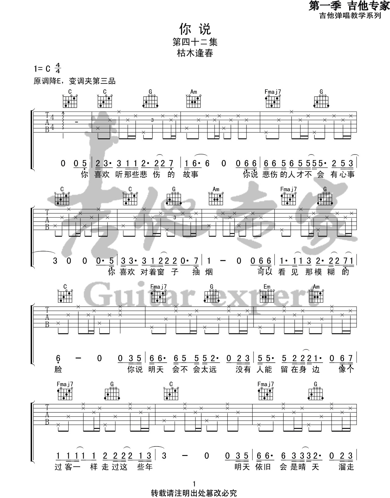 你说吉他谱_枯木逢春_C调演奏版