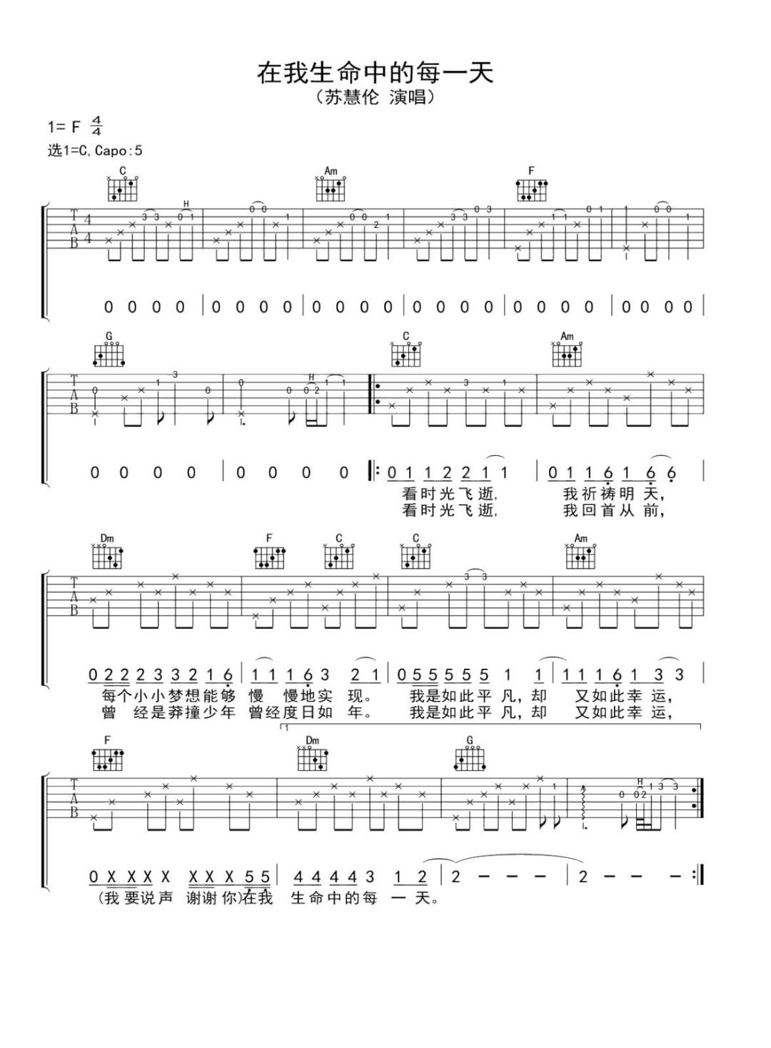 在我生命中的每一天吉他谱_苏慧伦_C调双音版