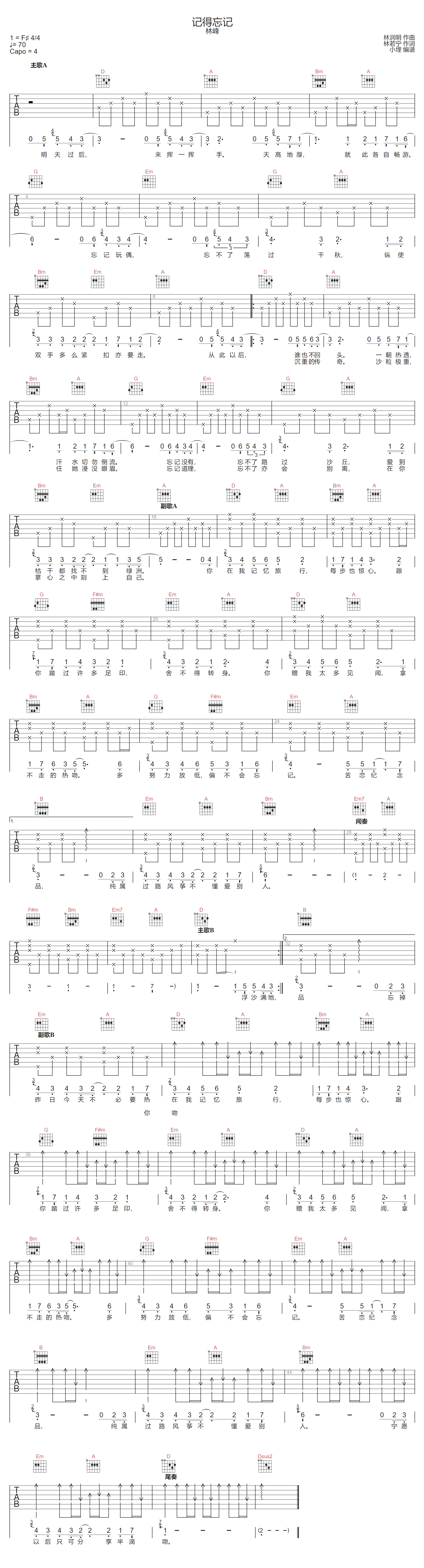 记得忘记吉他谱_林峰_D调和弦版