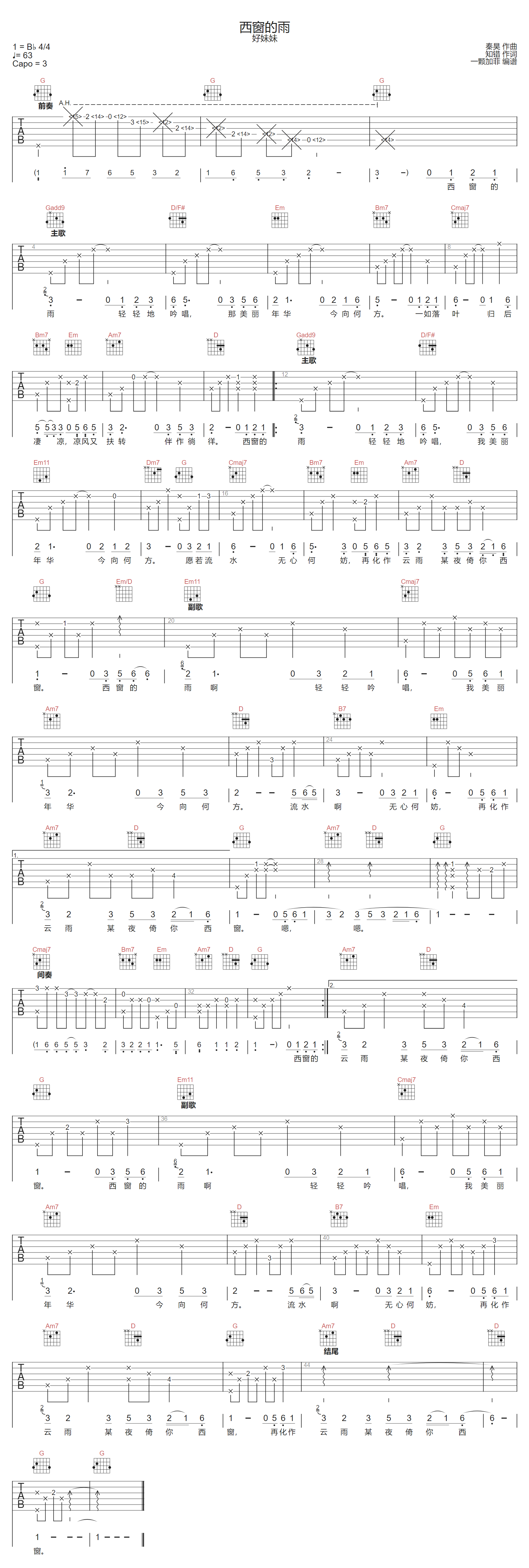 西窗的雨吉他谱_好妹妹乐队_G调调弦版