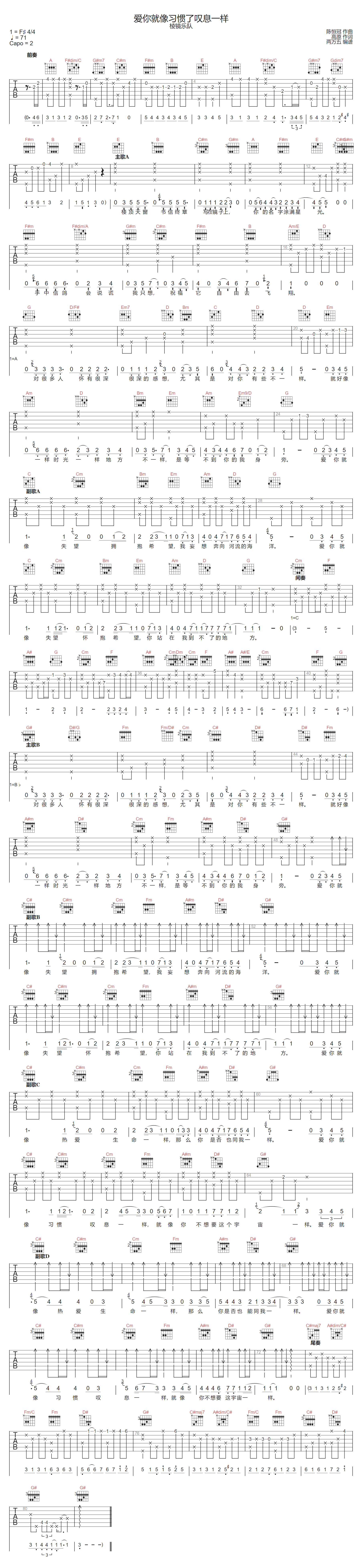 爱你就像习惯了叹息一样吉他谱_棱镜乐队_E调演奏版