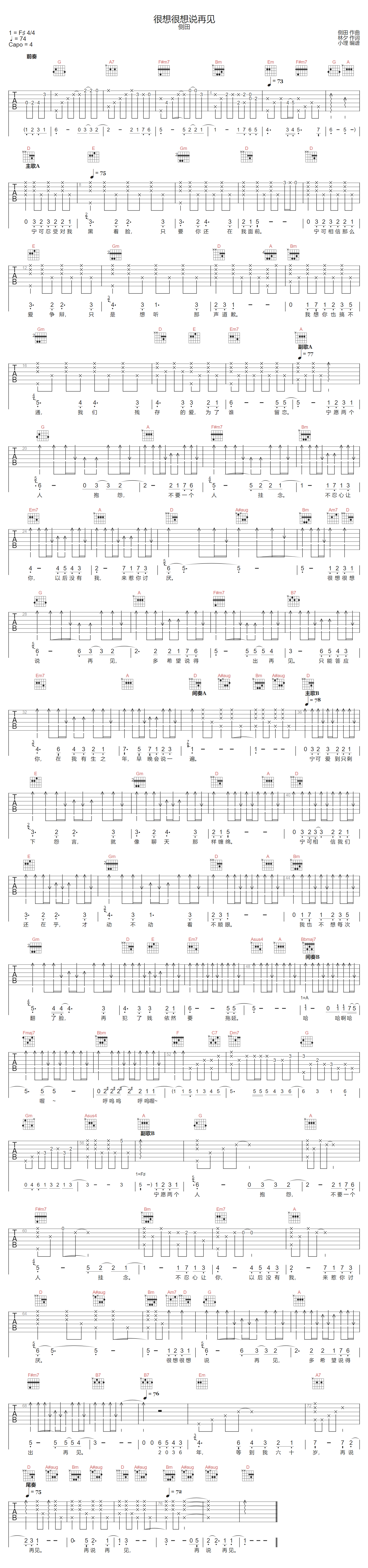 很想很想说再见吉他谱-侧田