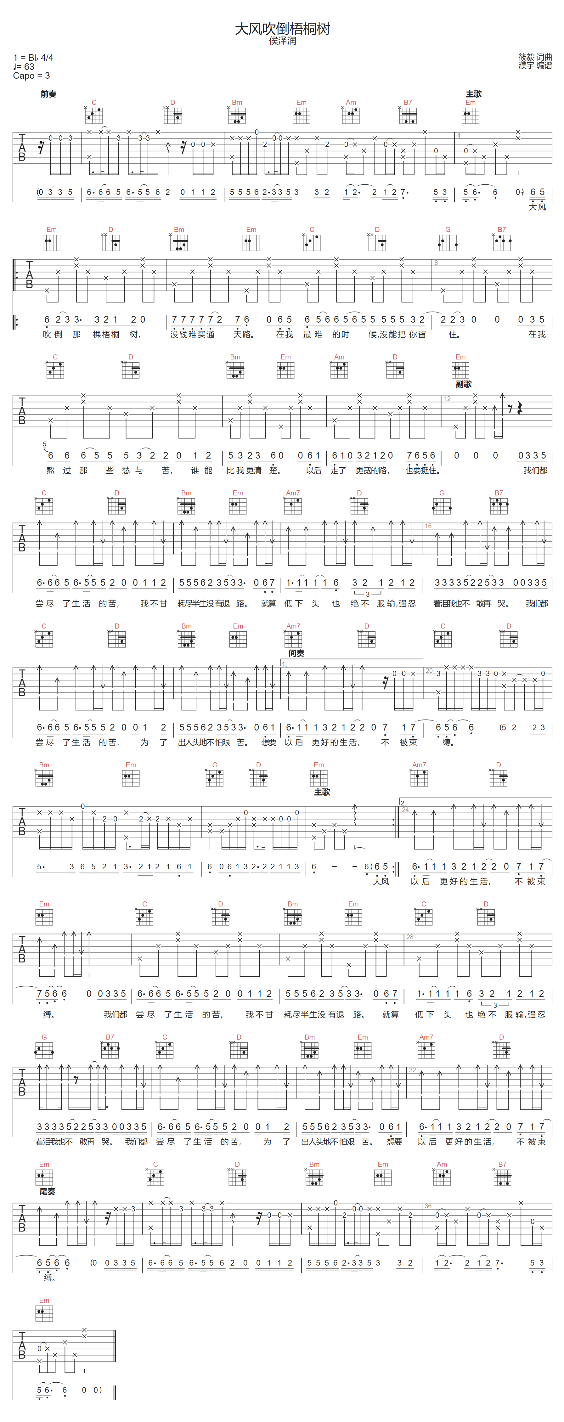 大风吹倒梧桐树吉他谱-侯泽润