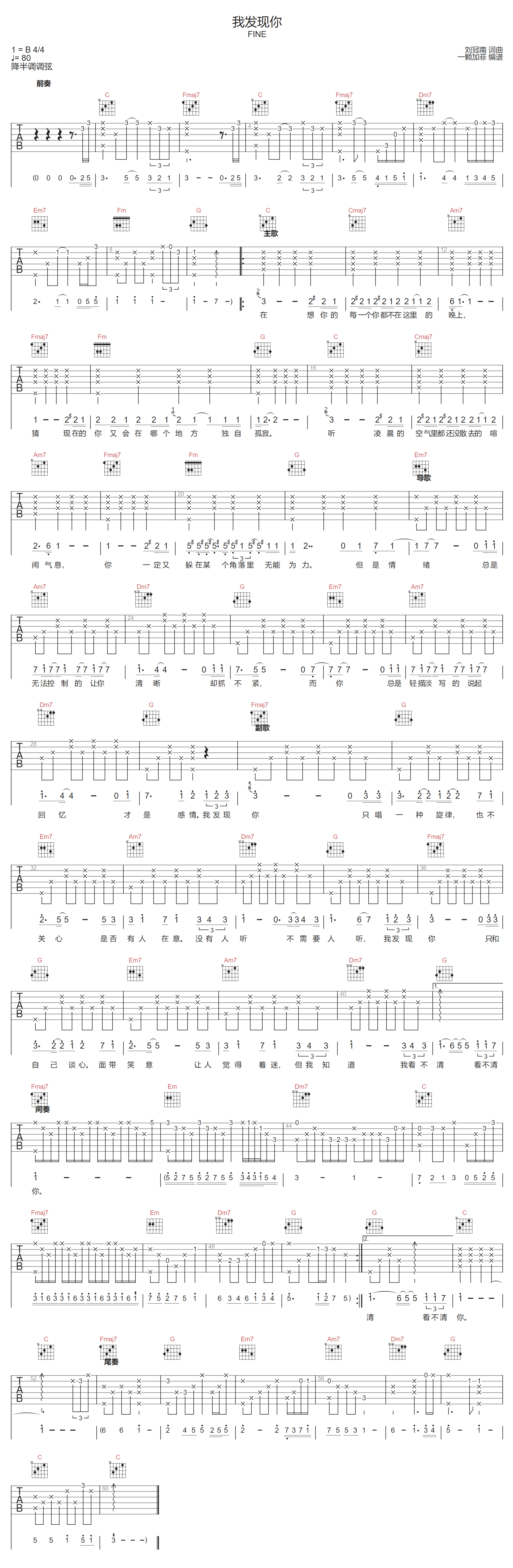 我发现你吉他谱-Fine乐团