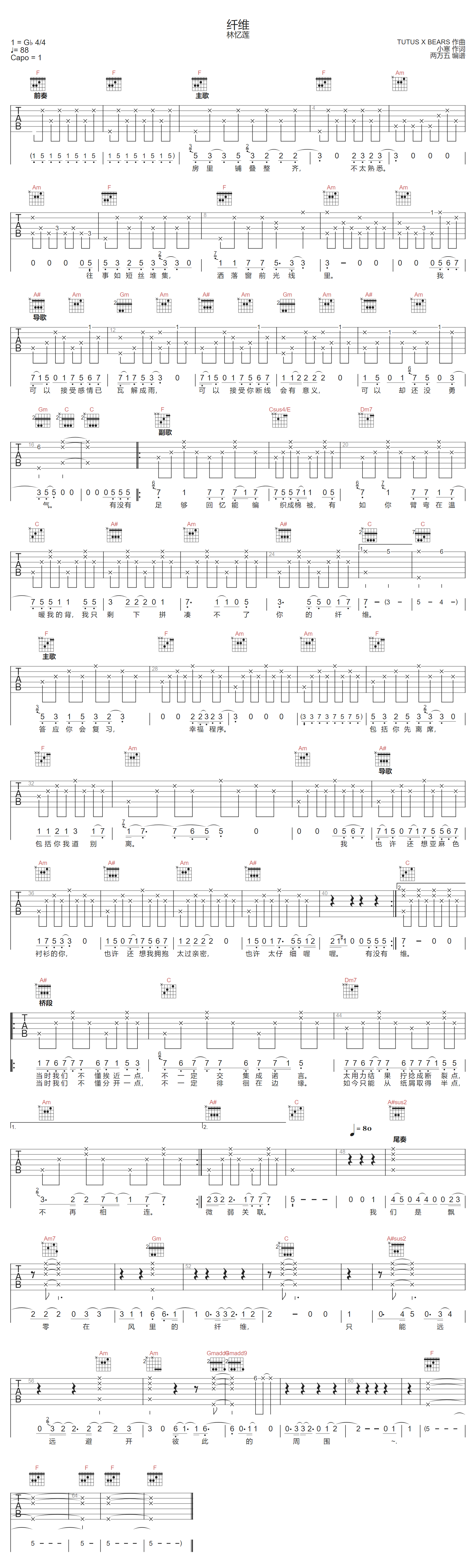 纤维吉他谱_林忆莲_F调双音版