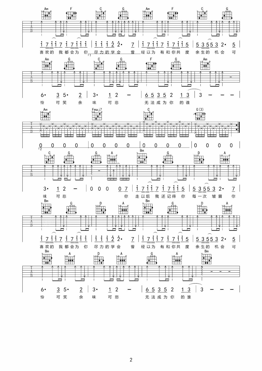 余味吉他谱_林俊呈_C调演奏版