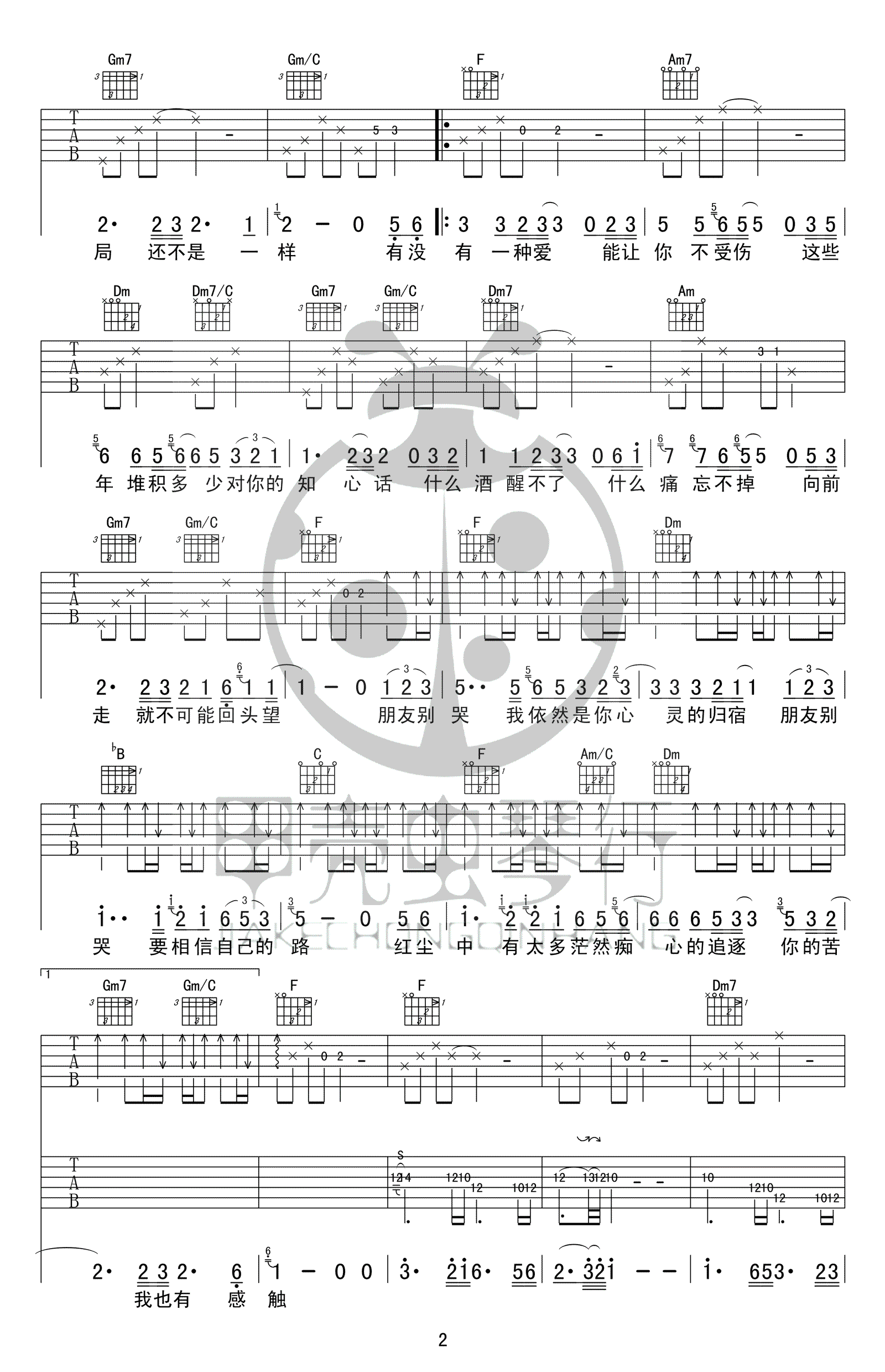 朋友别哭吉他谱_吕方_F调扫弦版