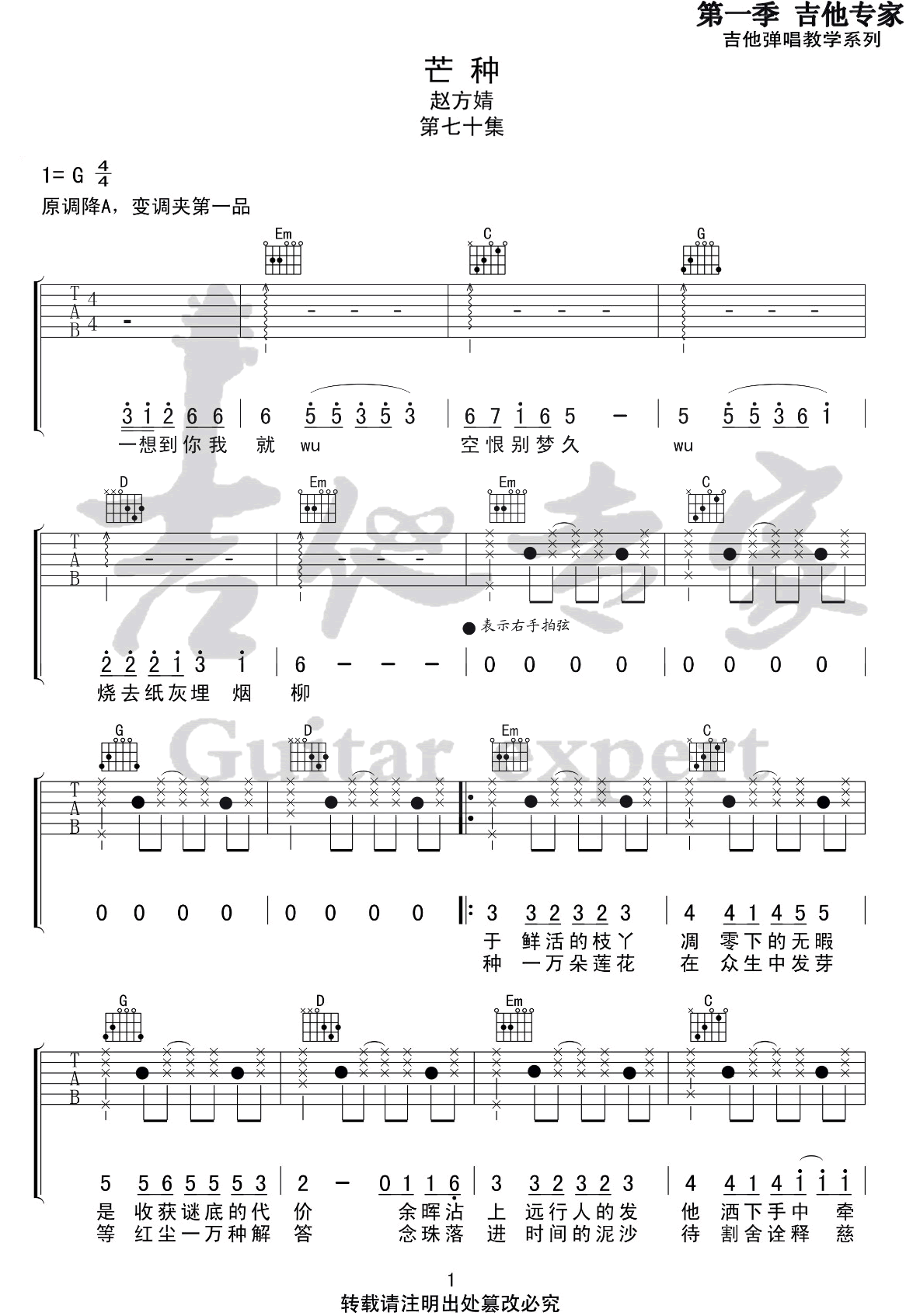 芒种吉他谱_赵方婧_G调扫弦版