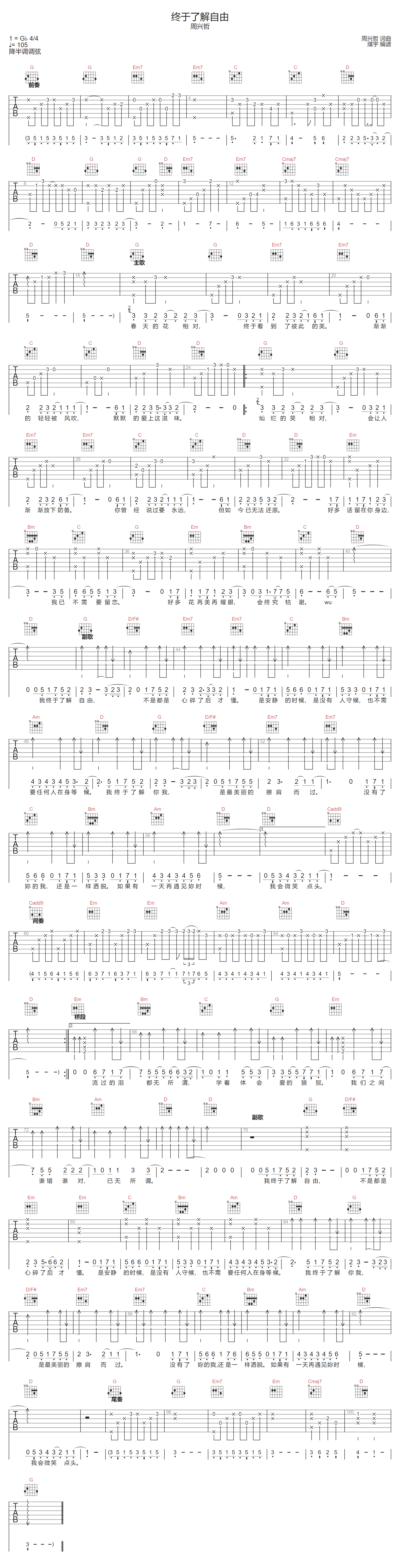 终于了解自由吉他谱-周兴哲