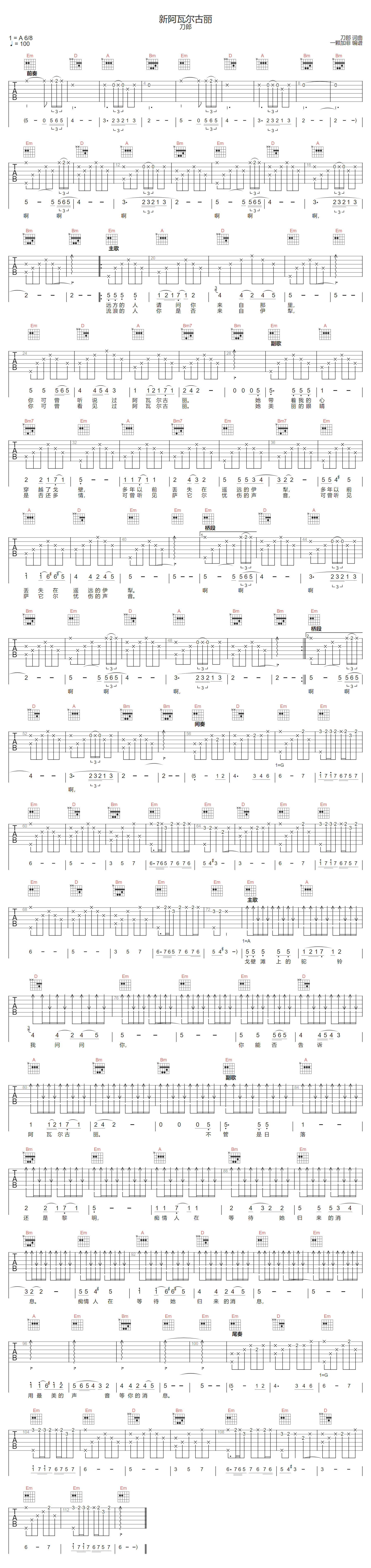 新阿瓦尔古丽吉他谱-刀郎