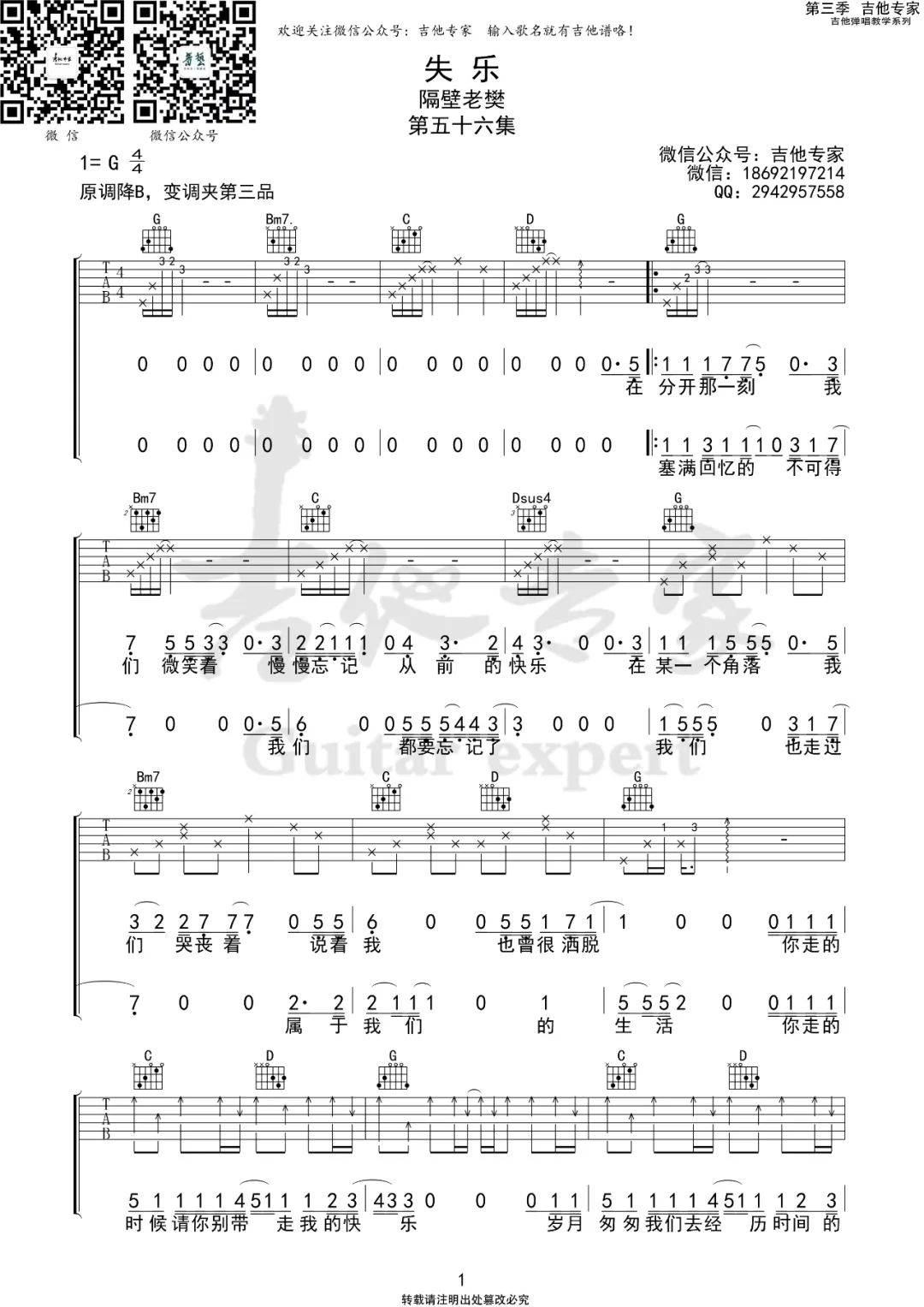 失乐吉他谱_隔壁老樊_G调和弦版