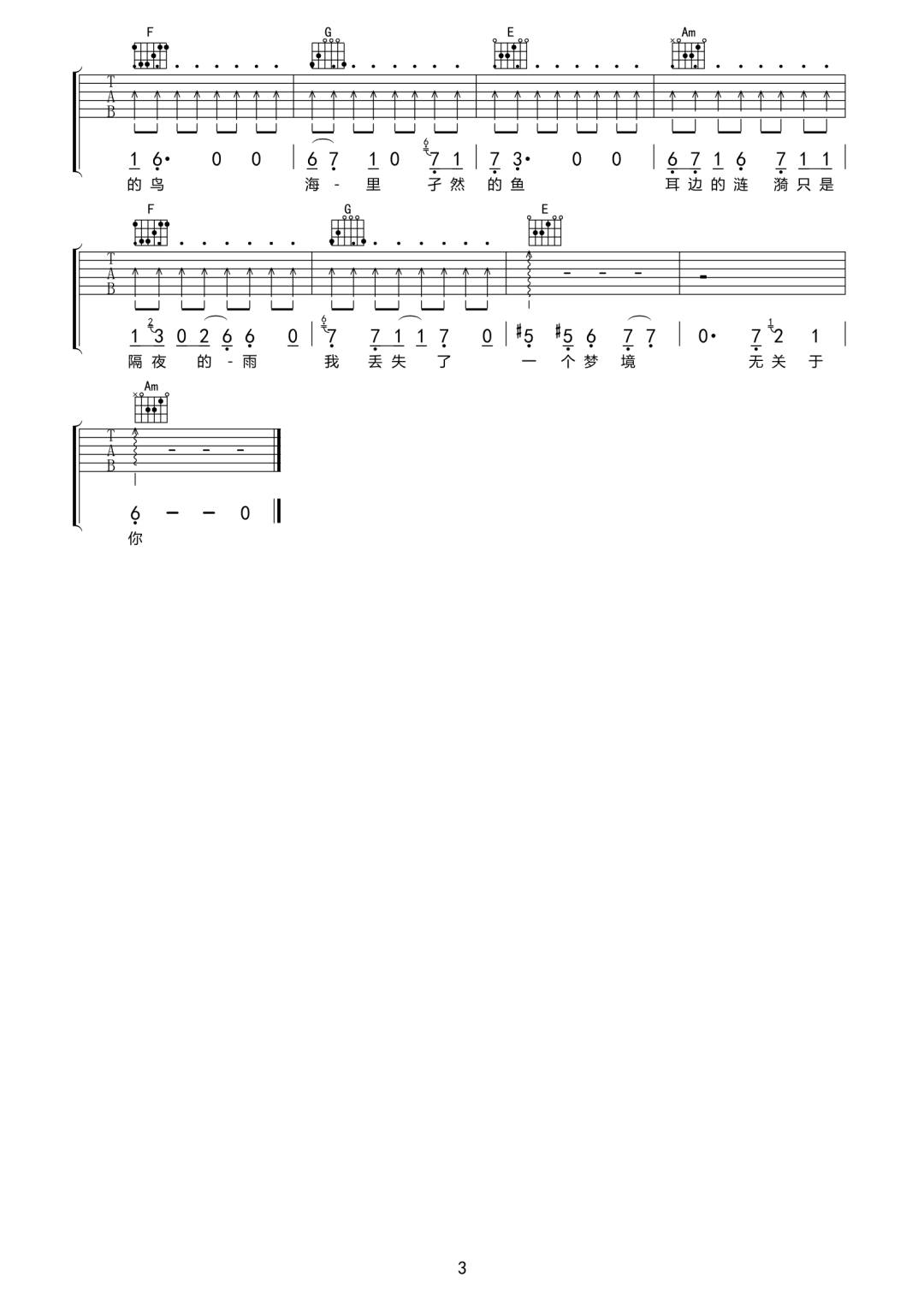 过境吉他谱_愚青_C调单音版