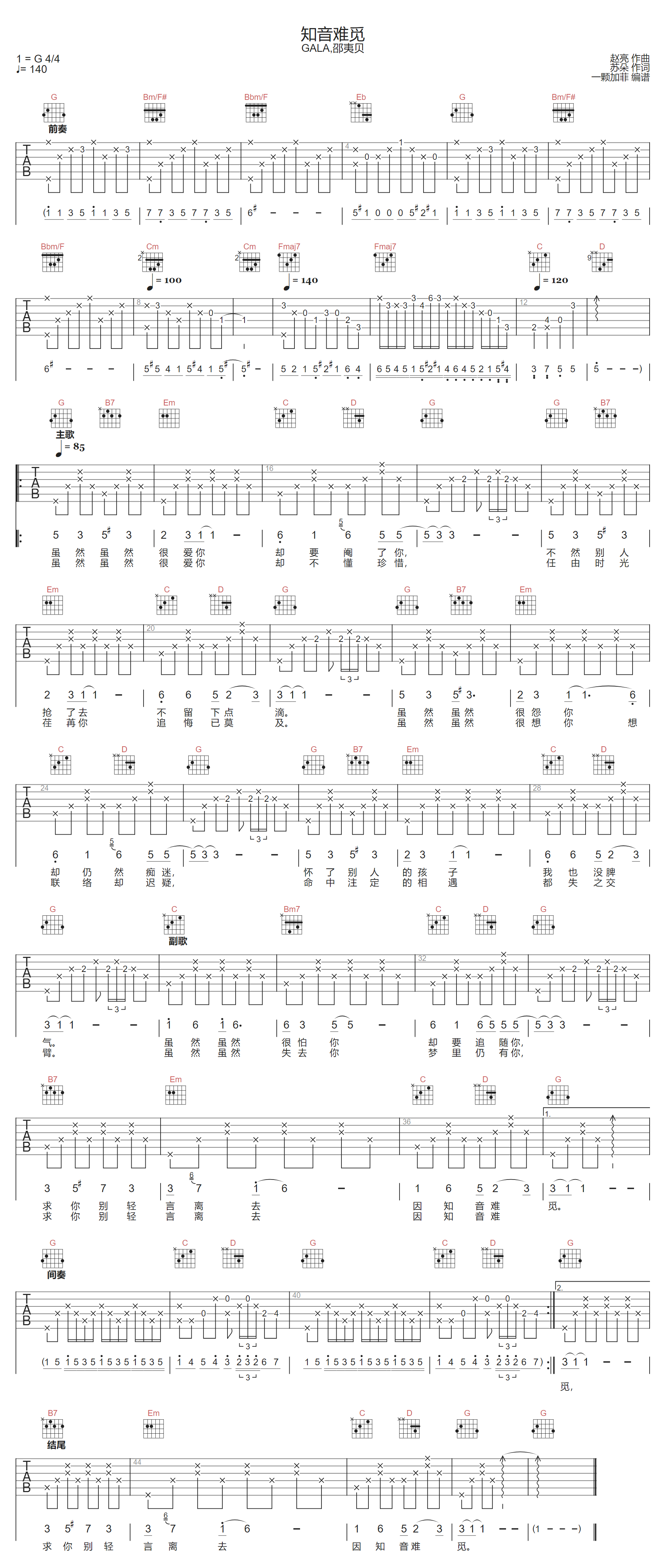 知音难觅吉他谱_GALA-邵夷贝_G调调弦版