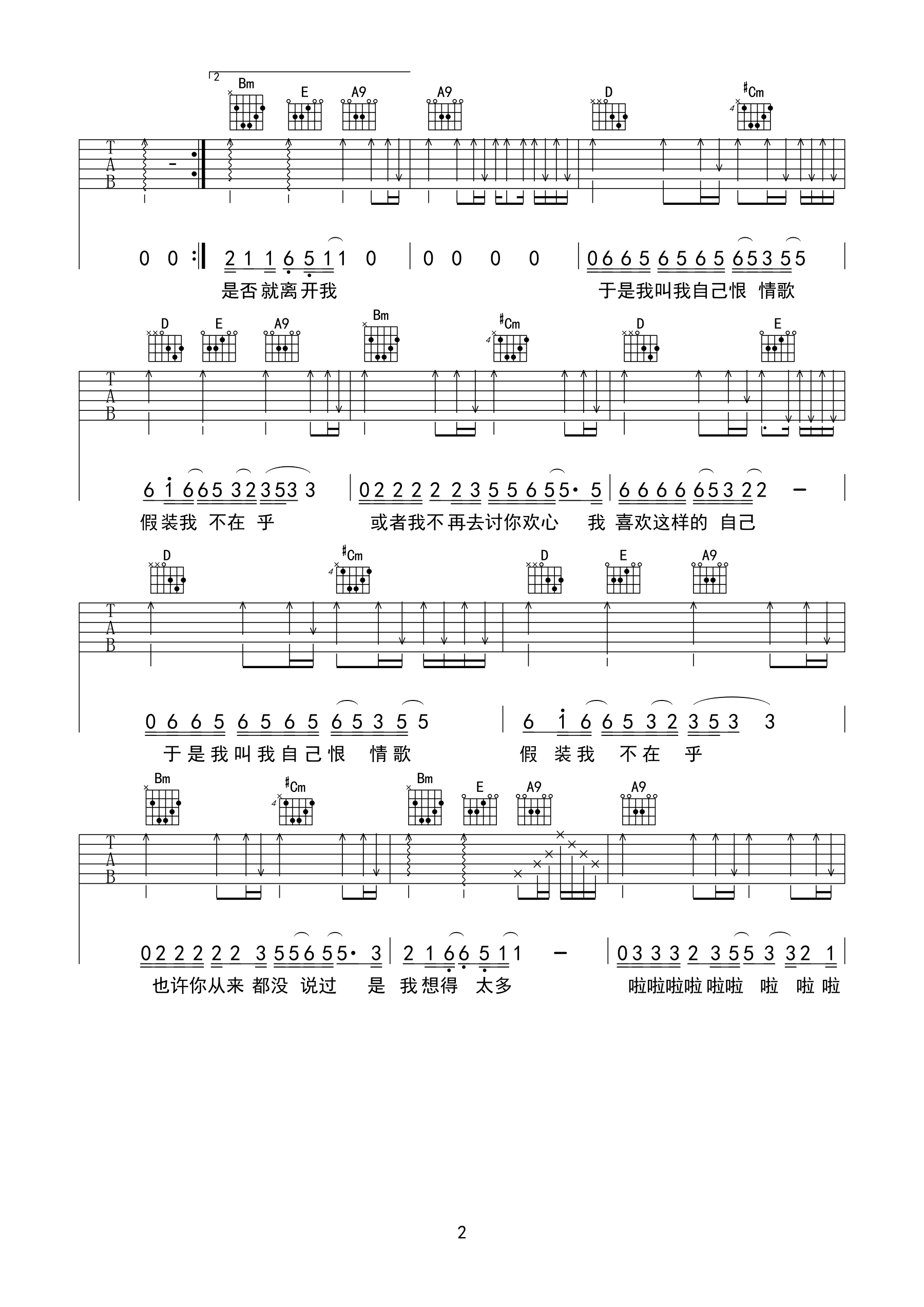 恨情歌吉他谱_陈升_A调扫弦版