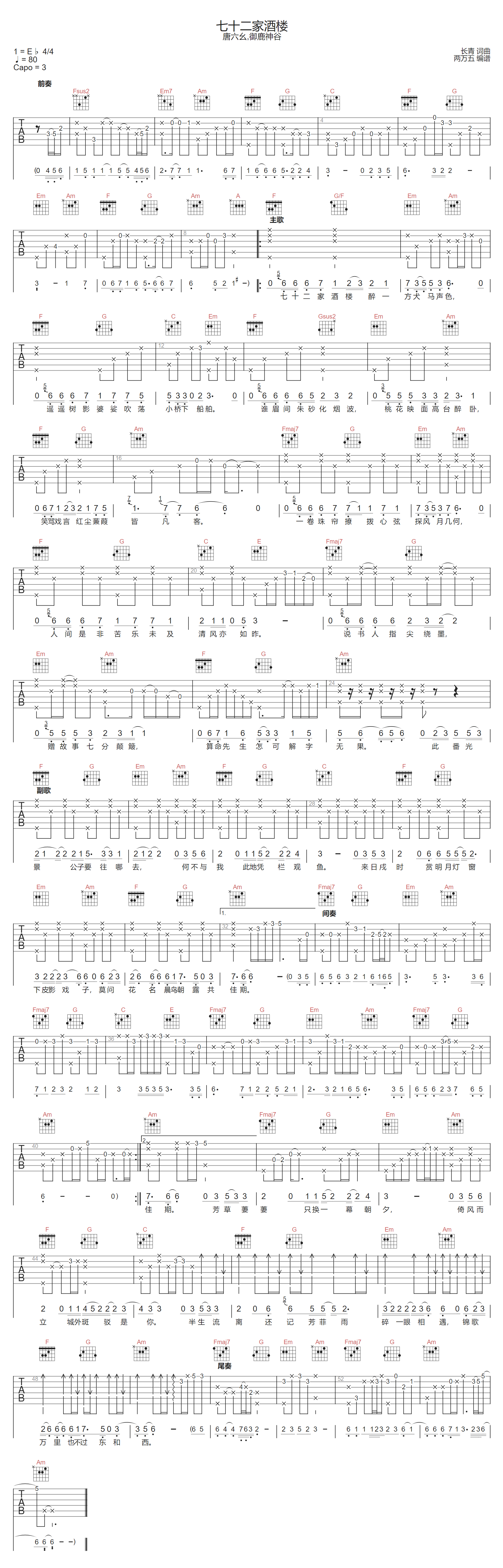 七十二家酒楼吉他谱-唐六幺