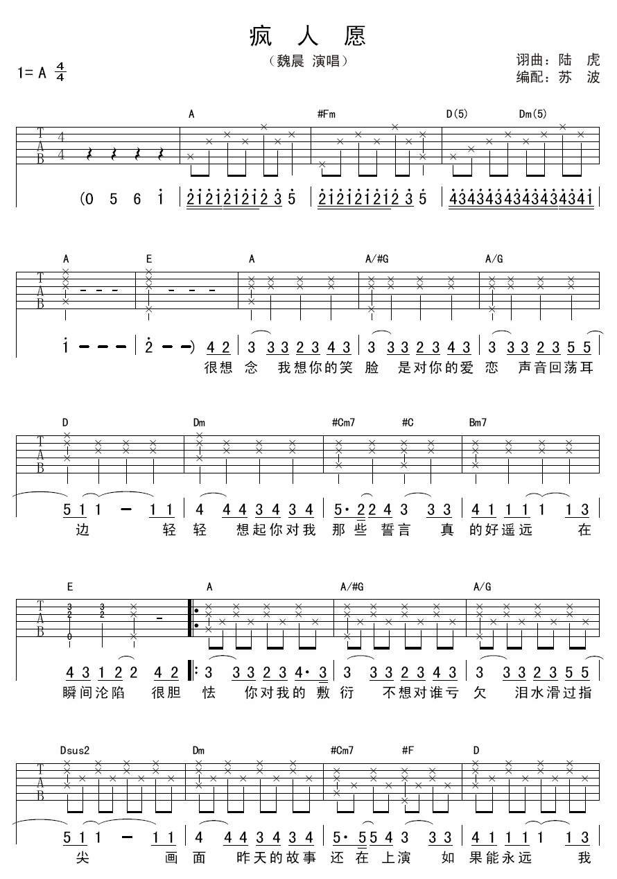 疯人愿吉他谱_魏晨_A调和弦版