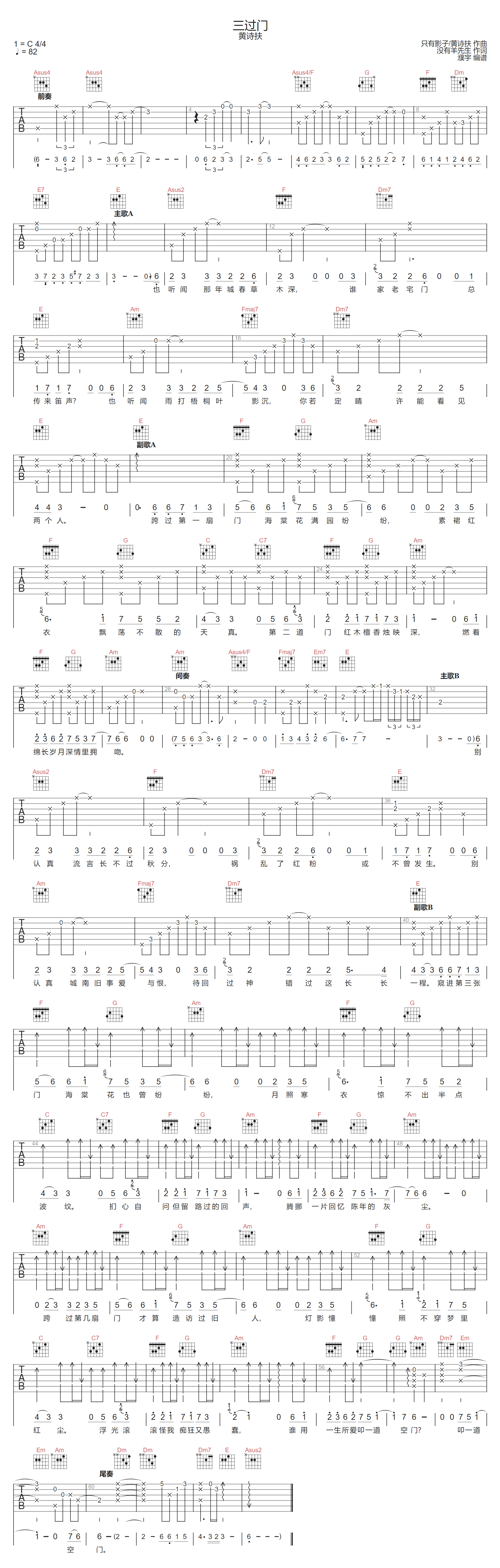 三过门吉他谱_黄诗扶_C调和弦版