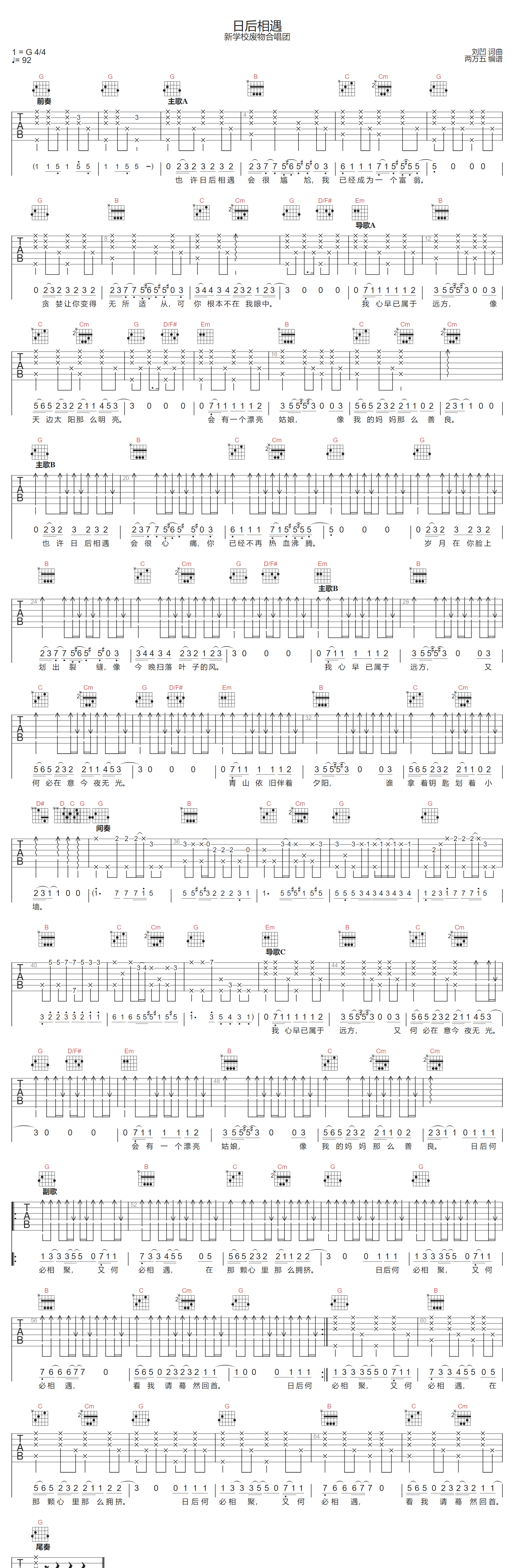 日后相遇吉他谱-新学校废物合唱团