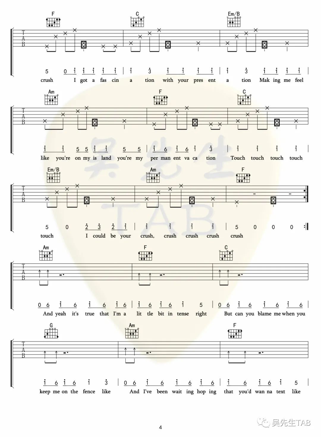 Crush吉他谱_Tessa Violet_C调扫弦版